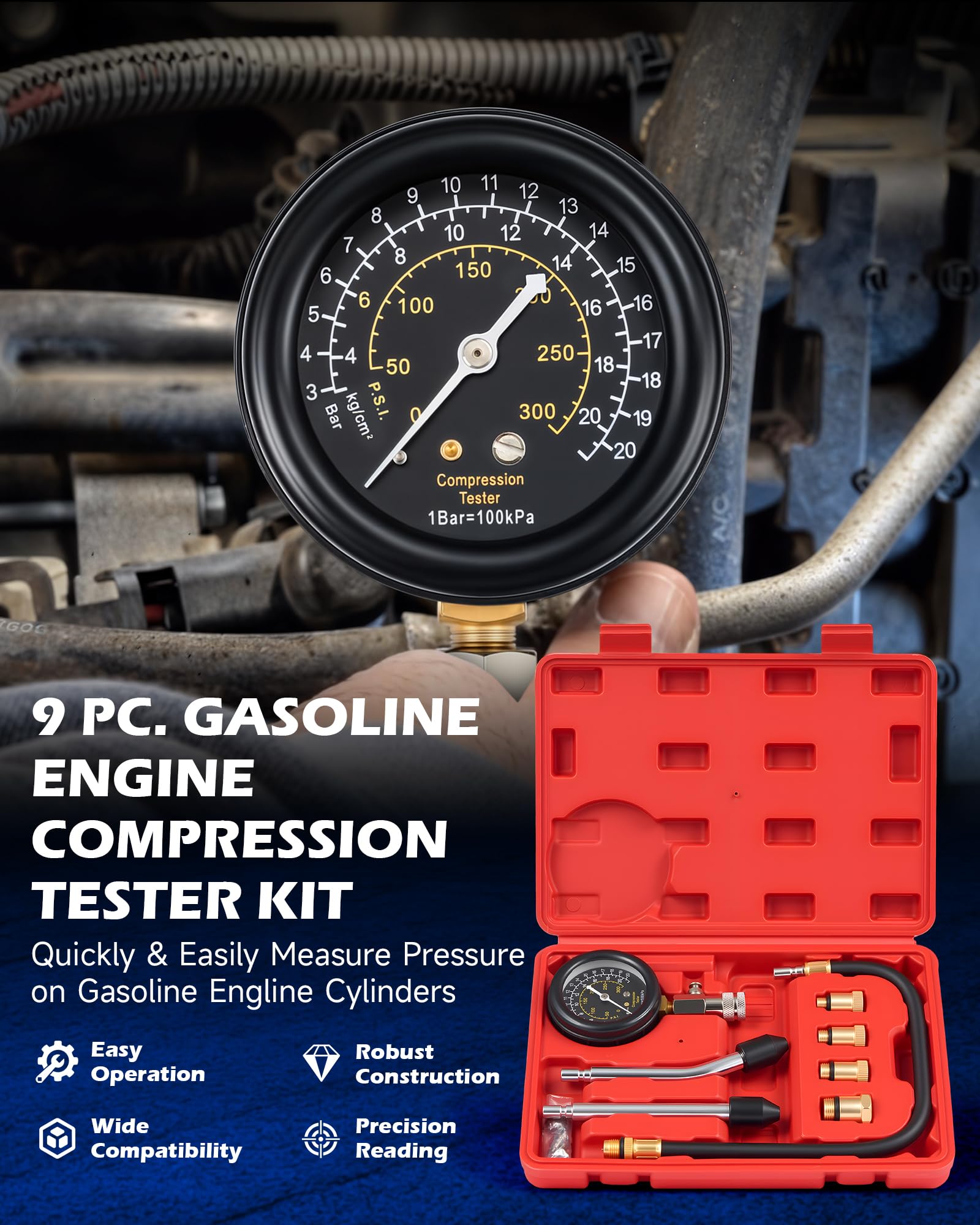 Orion Motor Tech Kit di test di compressione per benzina, 8 pezzi, per motori a benzina con manometro 0-300 psi