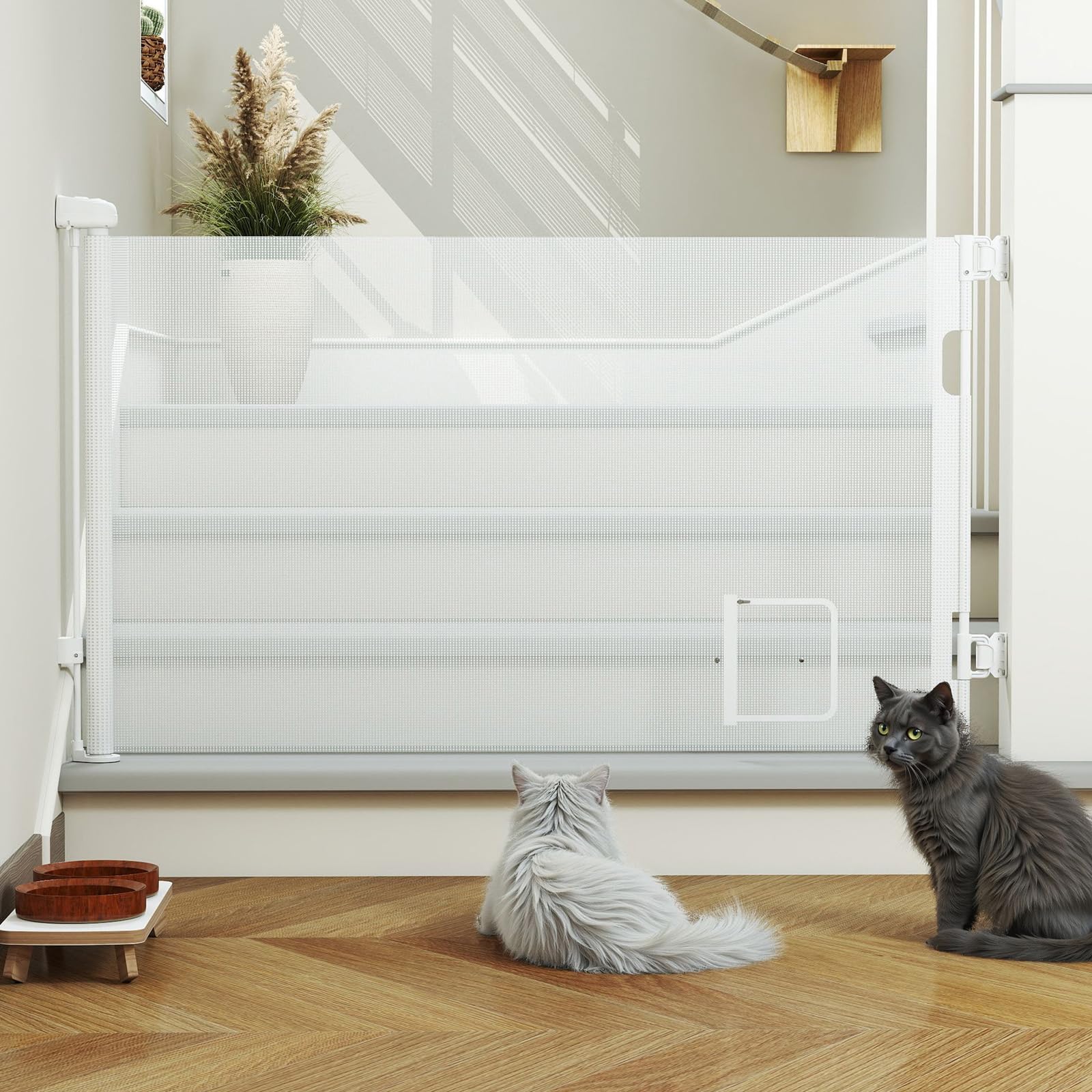 Barrera de seguridad infantil extensible retráctil – Barrera de escalera infantil y perro para interior/exterior, pasillos, con gato cueva (180 cm)