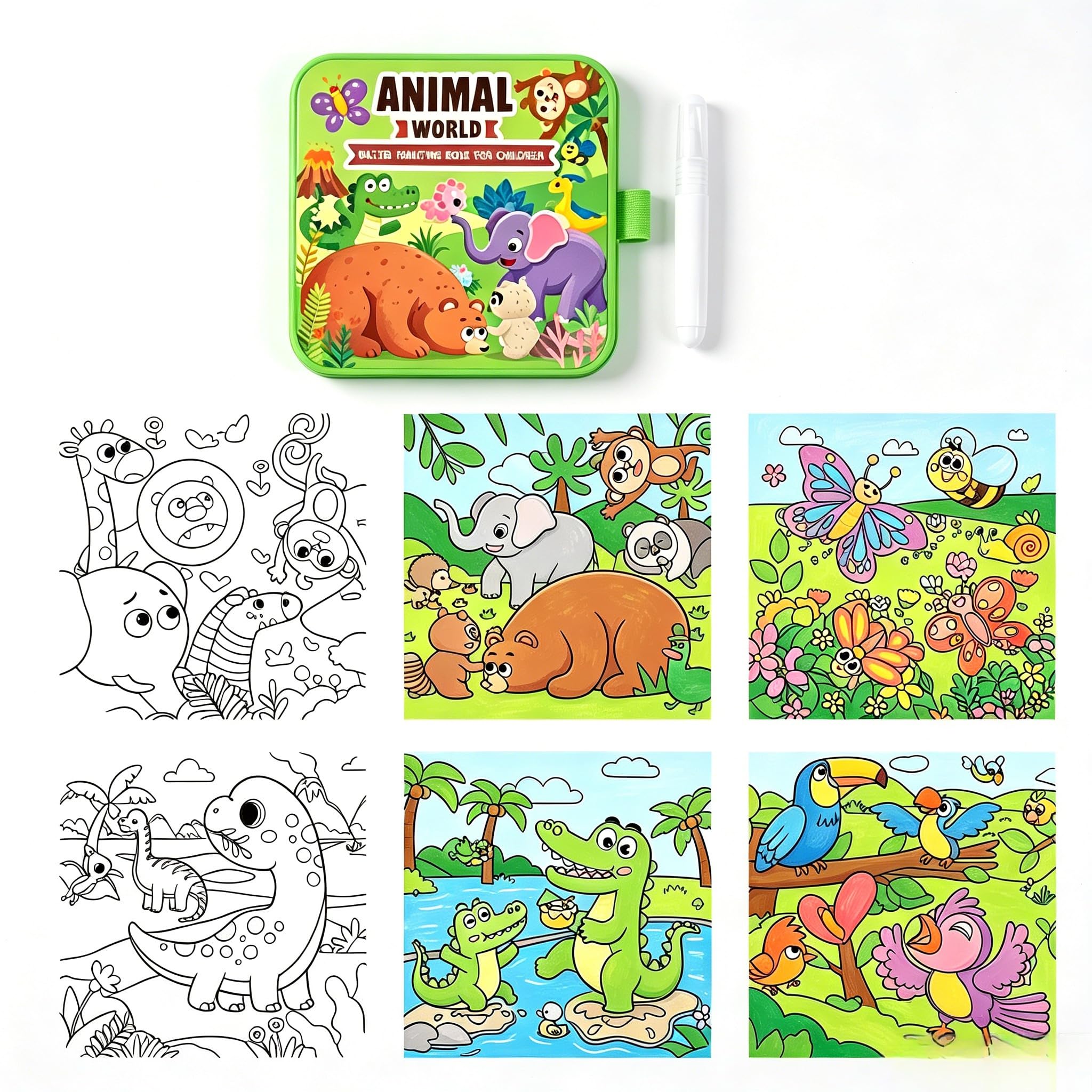 1 Pack Water Painting Book for Toddlers, Reusable Magic Water Colouring Book with Pen, No Mess Animal Theme Activity Book, Travel Drawing Toy for Kids, 8.66 x 8.66 Inch (Animal World)
