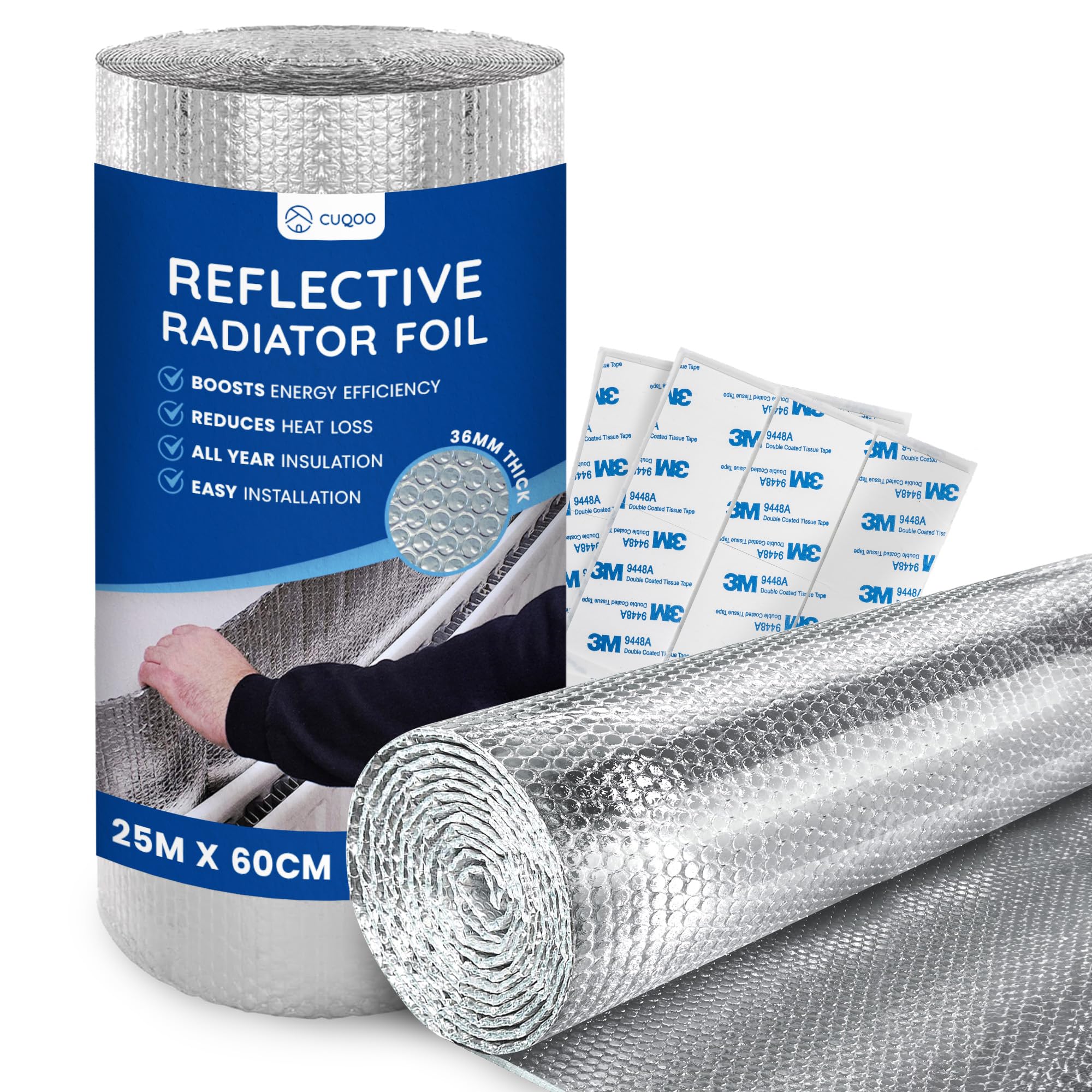 CUQOO Radiator Foil Reflector Roll 25  m × 60 cm – Thermal Reflective Radiator Insulation Foil & Heat Deflector Panel, Radiator Backing Foil, Energy‑Saving Self‑Adhesive Radiator Reflector