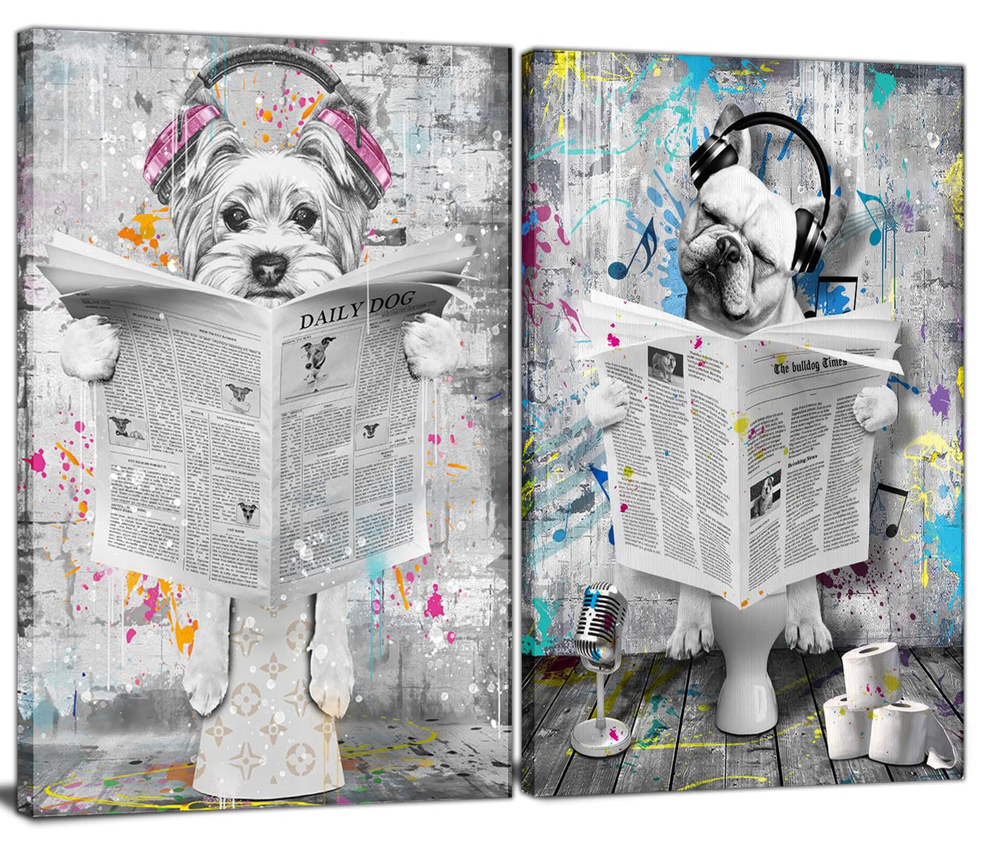 Funny Dog Bathroom Wall Art - Set of 2 Framed Canvas Prints - Humorous Black and White Toilet Decor with Headphones Bulldog and Yorkie - Funny