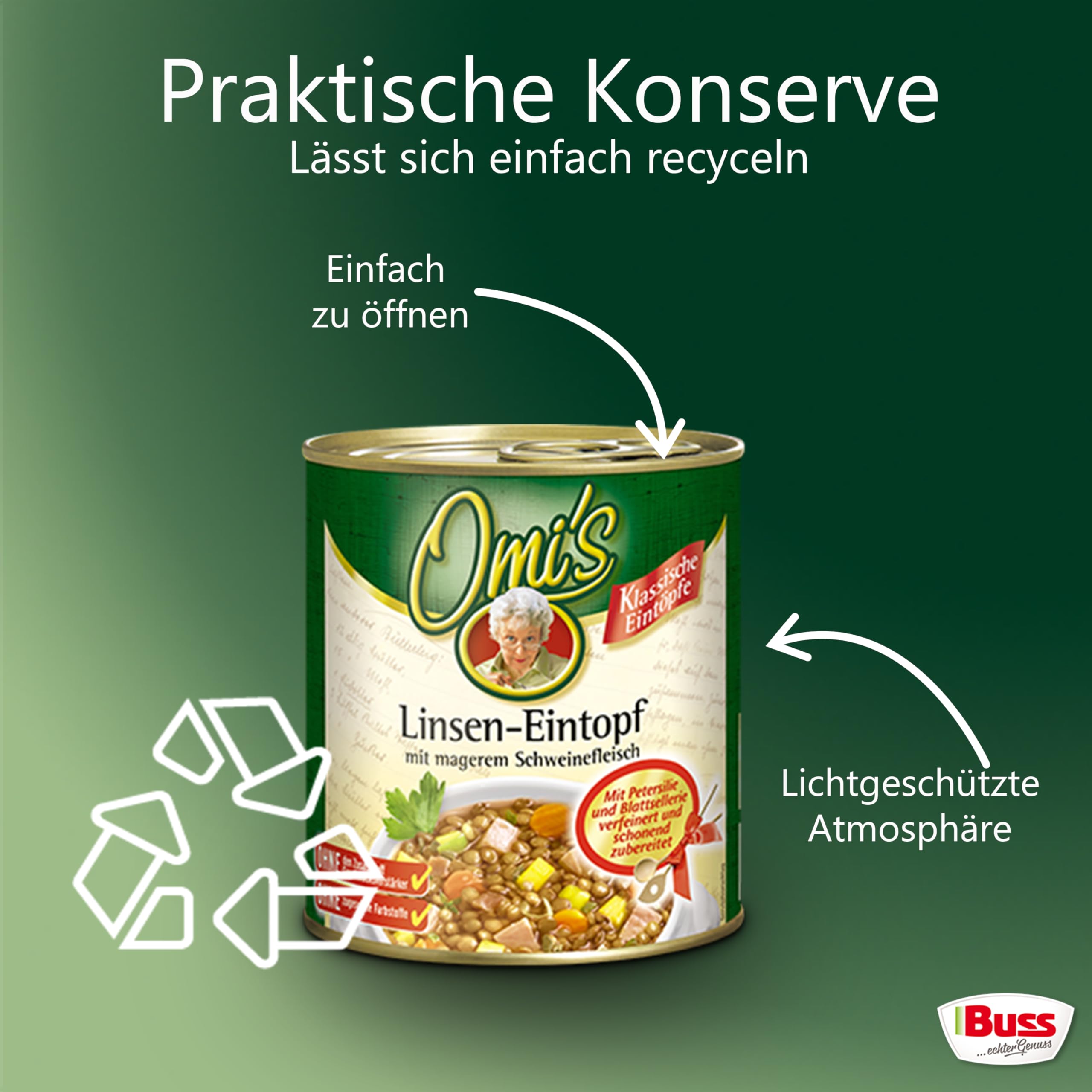 Buss Omi’s klassischer Linseneintopf - Würzig leckerer Suppentopf mit Linsen und magerem Schweinefleisch - Schnelle Fertiggerichte zum Aufwärmen in Mikrowelle & Topf - 6 x 800g (Packung mit 2)