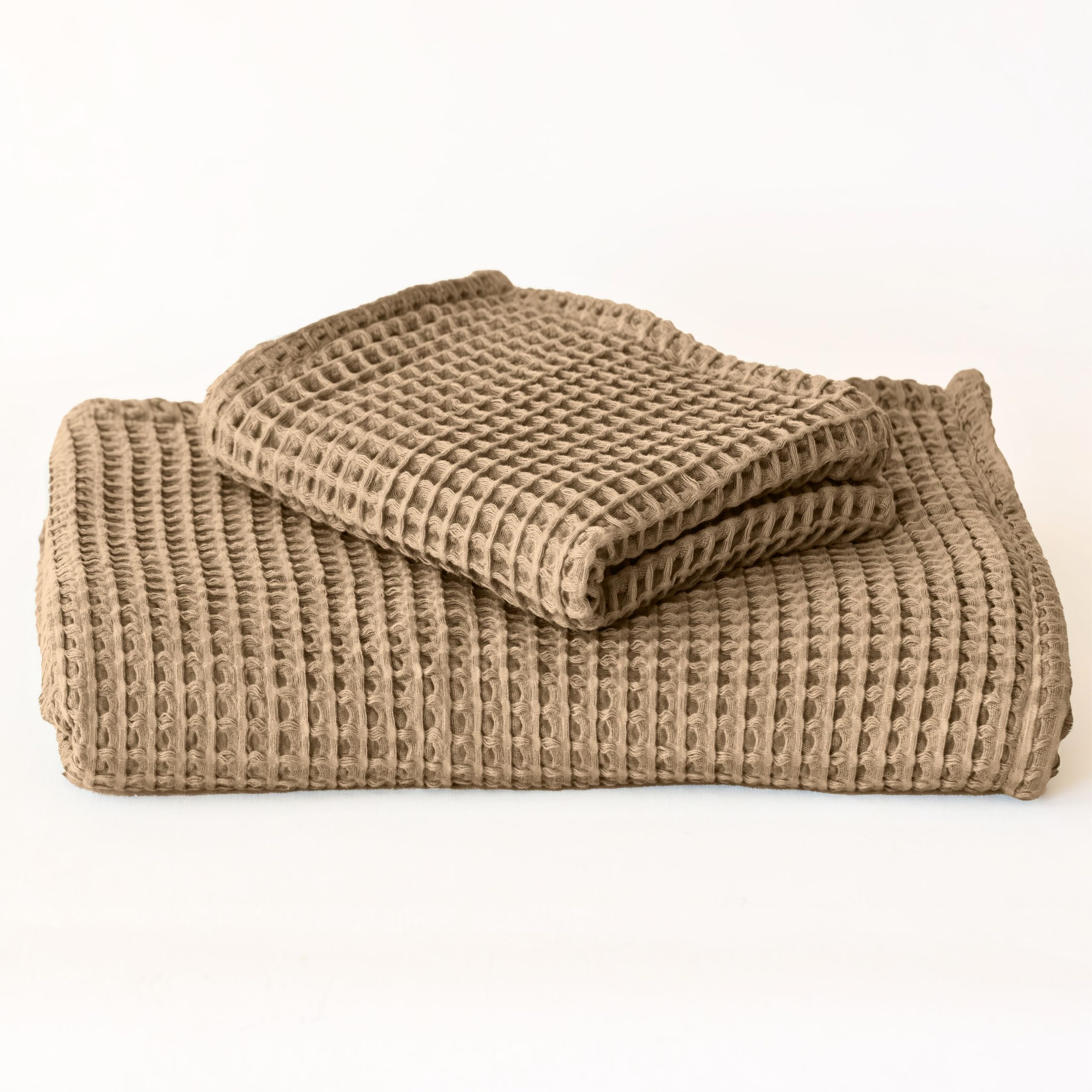 Viva Maison 2-Piece Waffle Towels Set for Bathroom Brown - Soft 100% Turkish Cotton Quick-Dry Lint-Free Waffle Weave Thin Bath and Hand Towels (Brown,