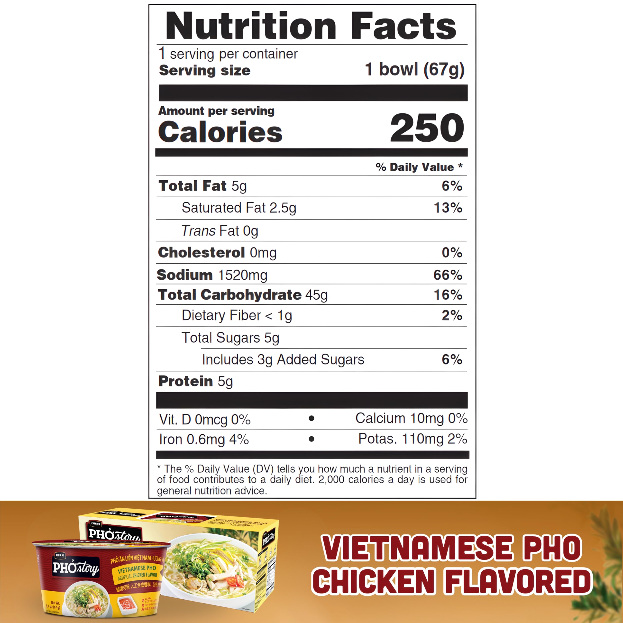 CHIN-SU Vietnamese Pho Noodle Bowl, Chicken Flavor, 2.4 oz, Instant Soup with Rice Noodles