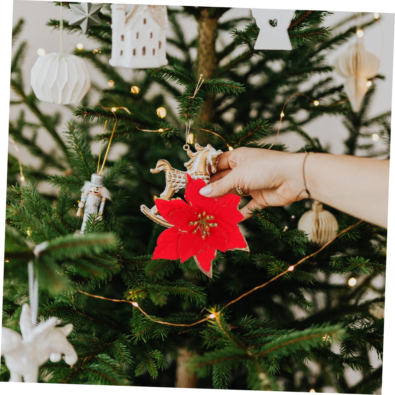 ABOOFAN 96piezas Flores Artificiales Brillantes para Decoración Navideña De Poinsettia Roja Adornos para Árbol Guirnalda y Manualidades Navideñas