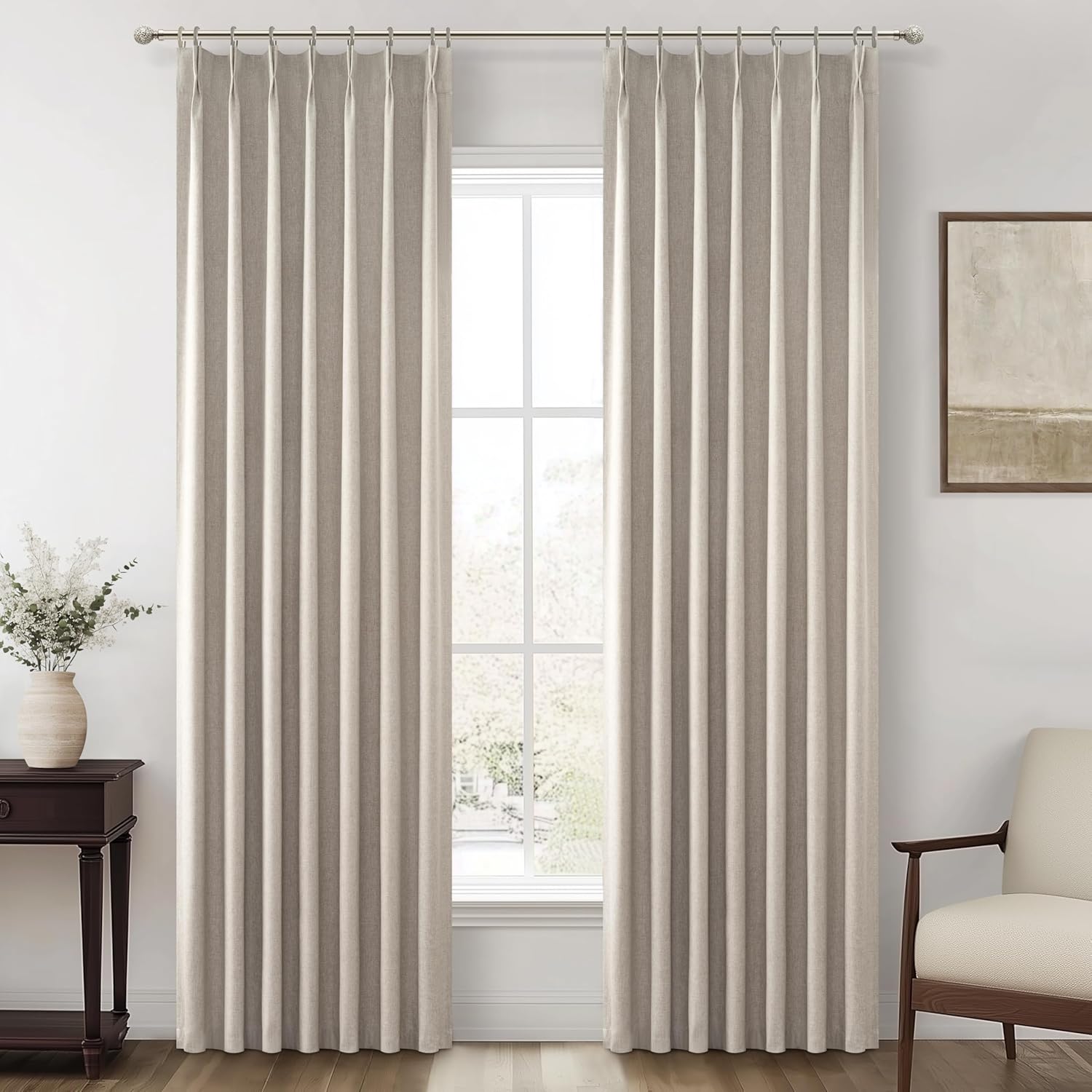 Grey Flax Linen 92 Inch Length Pinch Pleated Viral Thick Curtains Blackout & Drapes 2 Panels Set for Living Room, Windows Bug with Memory Trained Beige Back Tab for Traverse Rods (40"Wx92"Lx2) Greyflax 40"W x 92"L (Pack of 2)