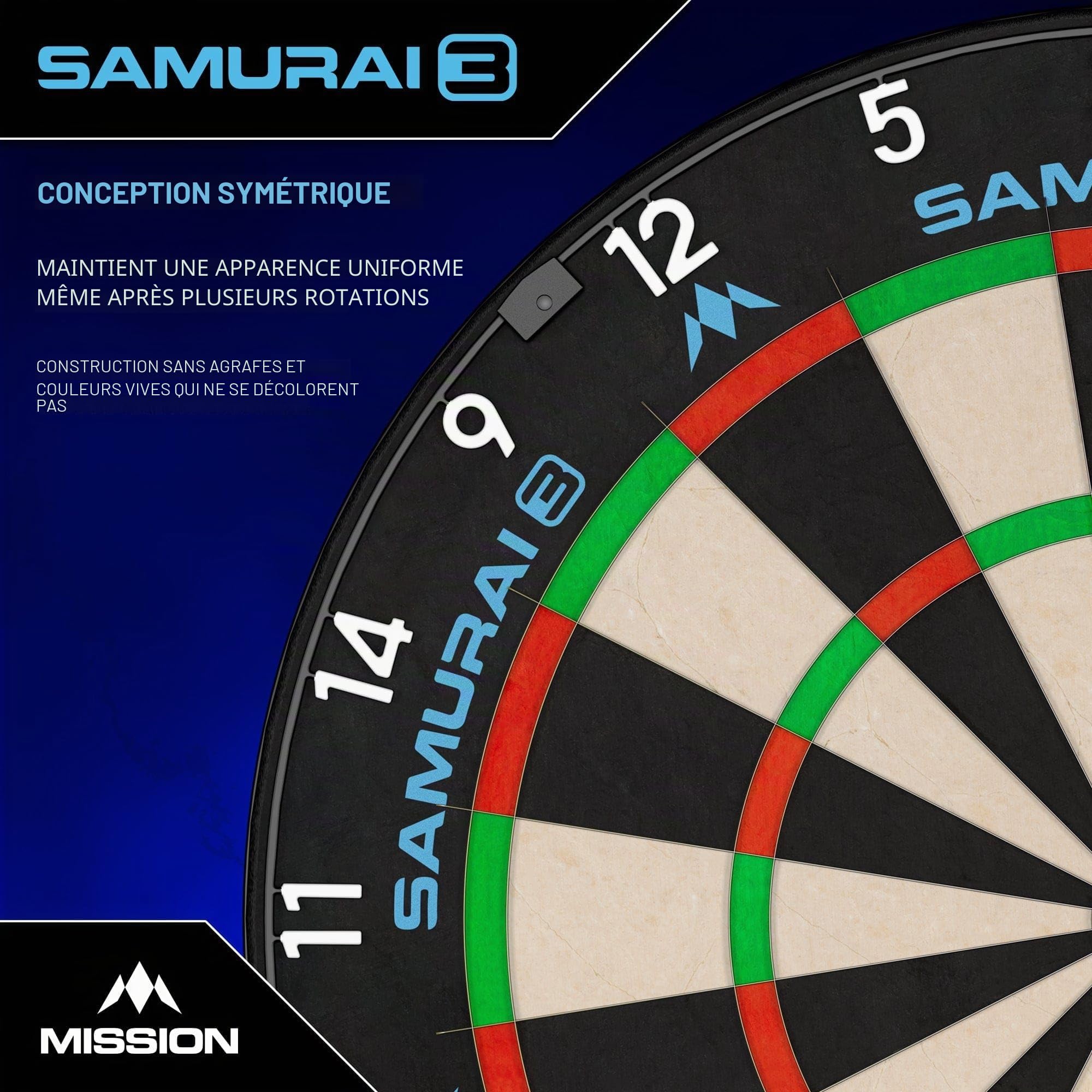 Mission Darts | Samurai 3 | Cible de fléchettes professionnelle en poils | Fil de couteau | Anneau noir numéroté
