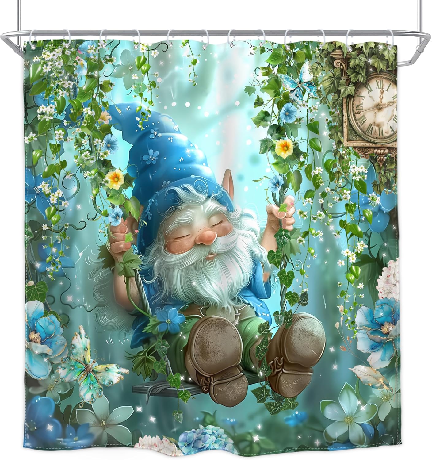 Homewelle Fairy Gnome Shower Curtain Cartoon Cute Swing Floral Green Leaves Plant Botanical Enchanted Tale Garden Woodland 72Wx72H Inch Butterfly Waterproof Polyester Fabric Bathroom Bathtub