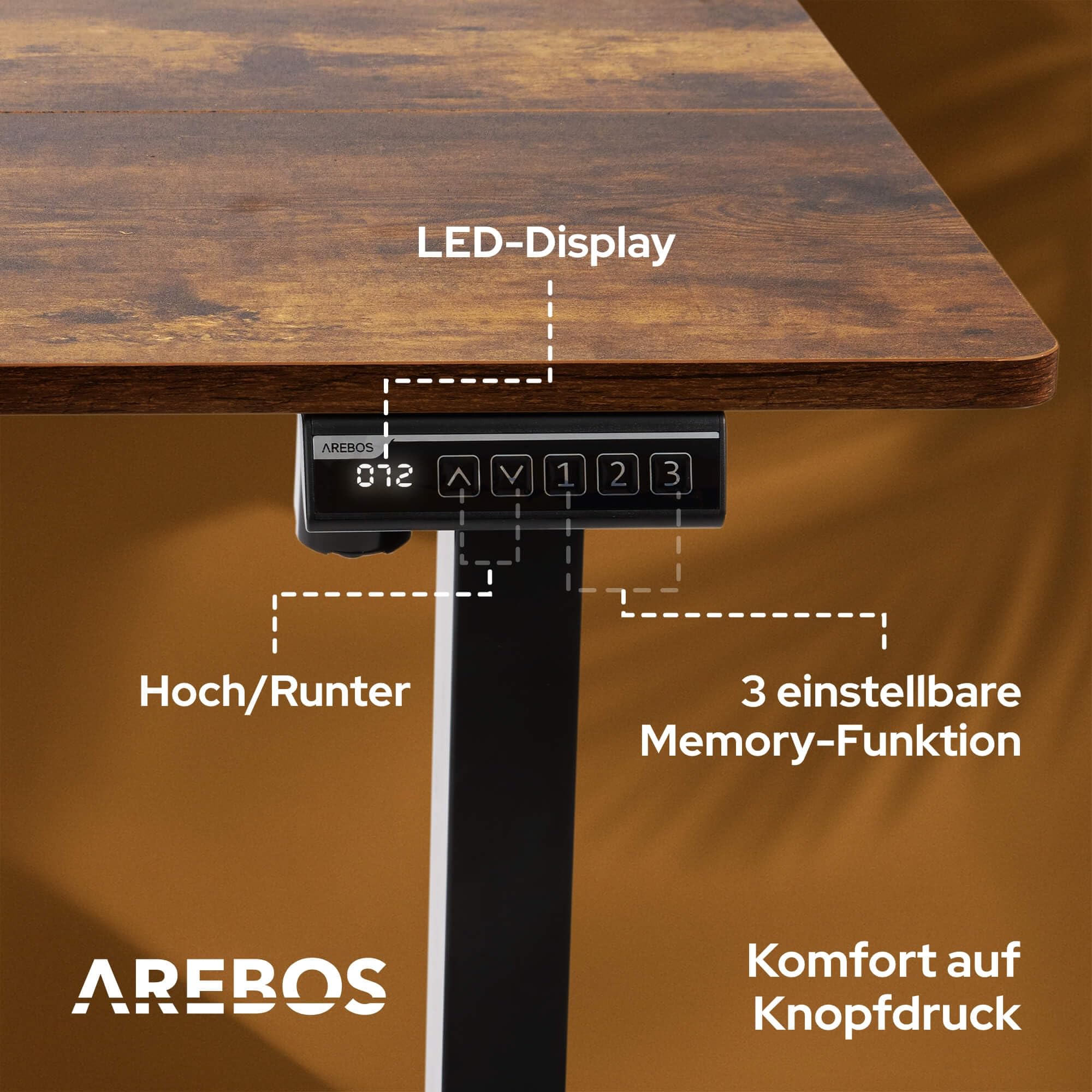 Arebos elektrisch höhenverstellbarer Schreibtisch 160x80 cm | Memory-Funktion | Verstellbarer Computertisch 72-118 cm | Standing Desk | ergonomischer Bürotisch | Steh-Sitz Tisch | Braun
