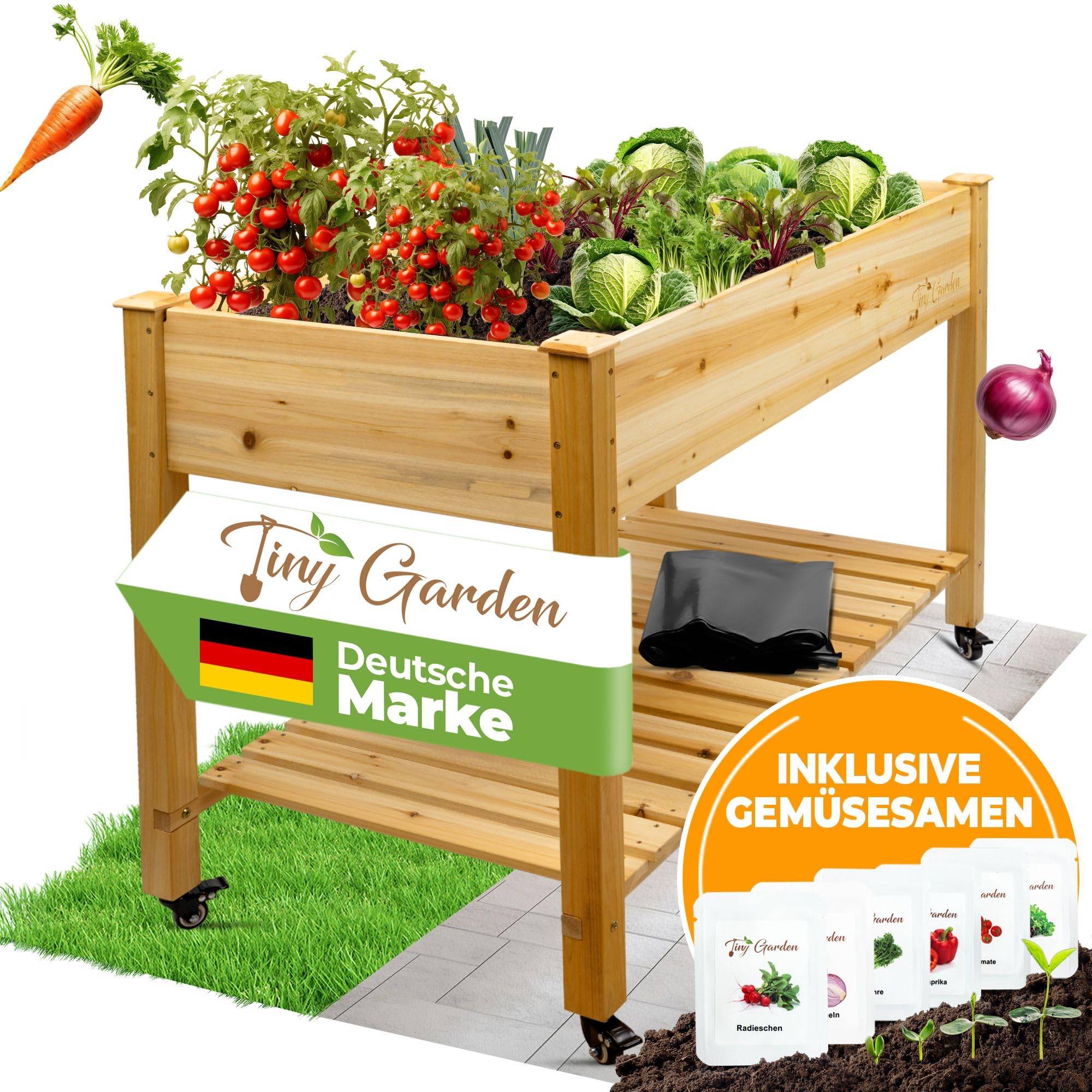 Tiny Garden Premium Hochbeet aus Holz mit Rollen für Balkon 122x59x81,5cm perfektes Hochbeet für Kinder oder als Kräuterbeet für die Terrasse, Erdbeerbeet
