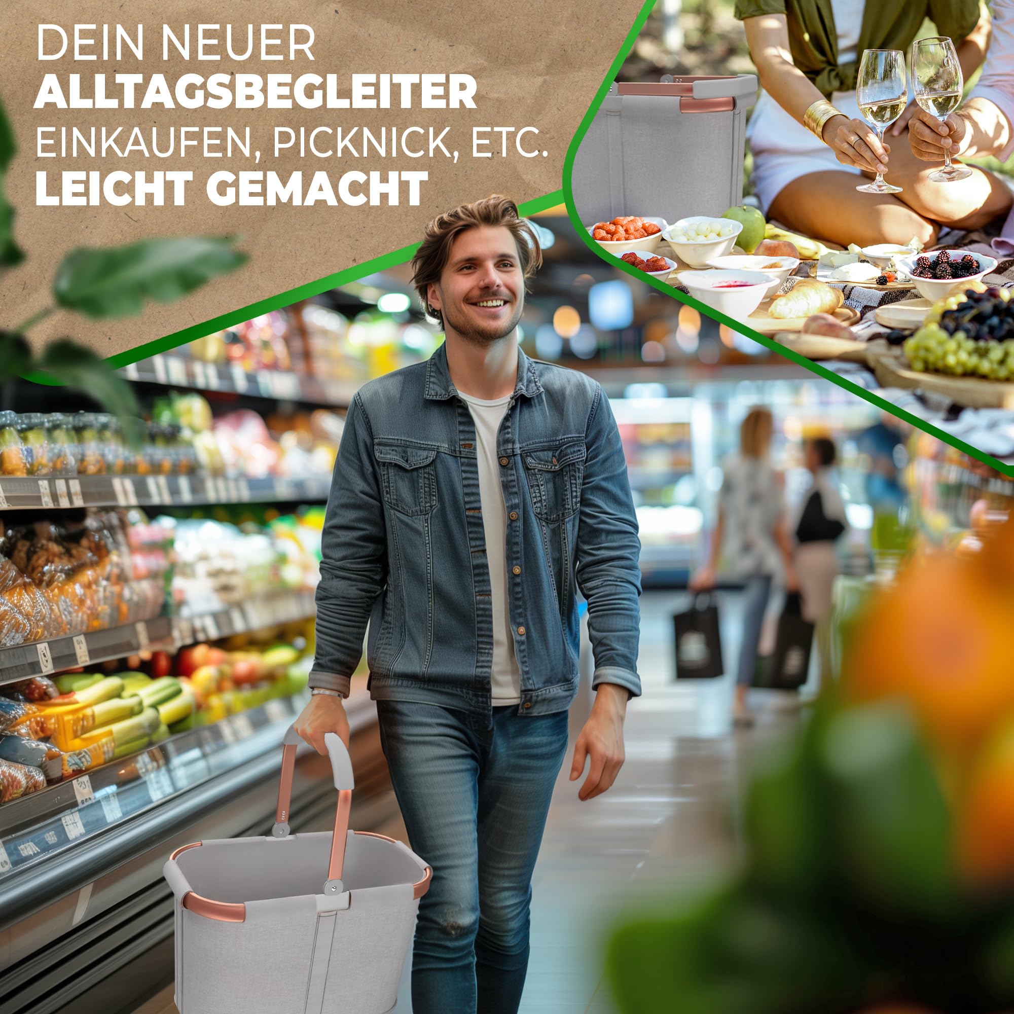 Cottara 30l stabiler Einkaufskorb groß | Tragekorb mit Henkel und verstärktem Boden, Frontfach und Innentasche mit Reißverschluss | Ideal als Einkaufstasche, Picknickkorb oder Shopper (Hellgrau Rose)
