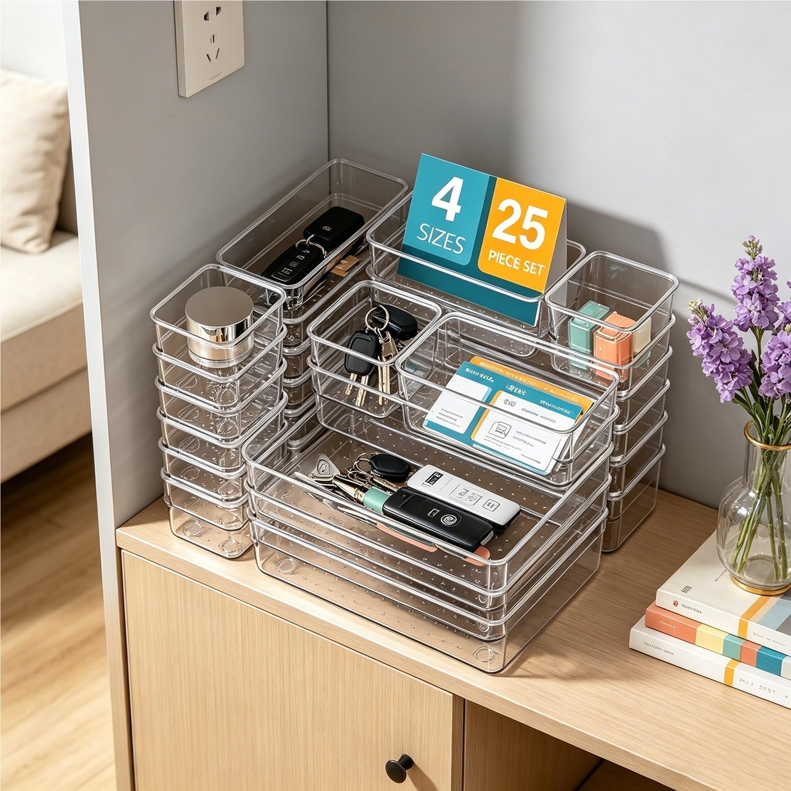 TYNGBT 25-Piece Clear Drawer Organizer Dividers, Plastic Storage Trays for Desk Kitchen Bathroom