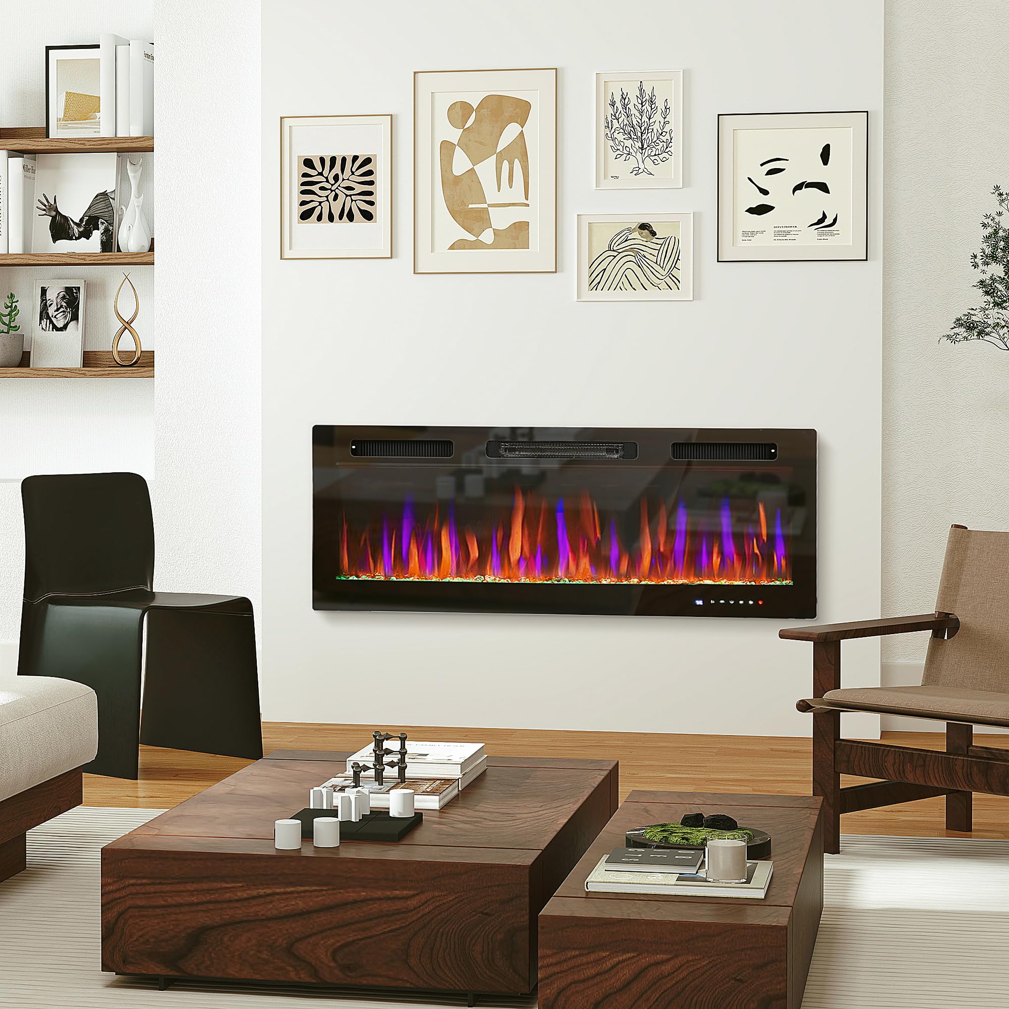 HOMCOM 50 IN. Electric Fireplace Recessed and Wall Mounted with Remote, 750W/ 1500W Ultra-Thin Fireplace Heater and Linear Fireplace with Timer, 12 Color Flame Effect, Crystal, Black