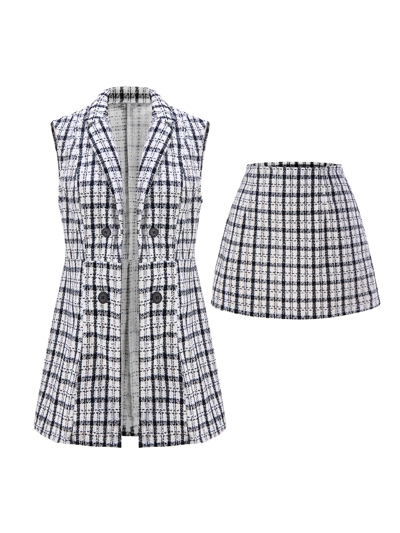 Womens 2 Piece Business Casual Outfits Fall Plaid Double Breasted Long Vest and Mini Skirt Tweed Set
