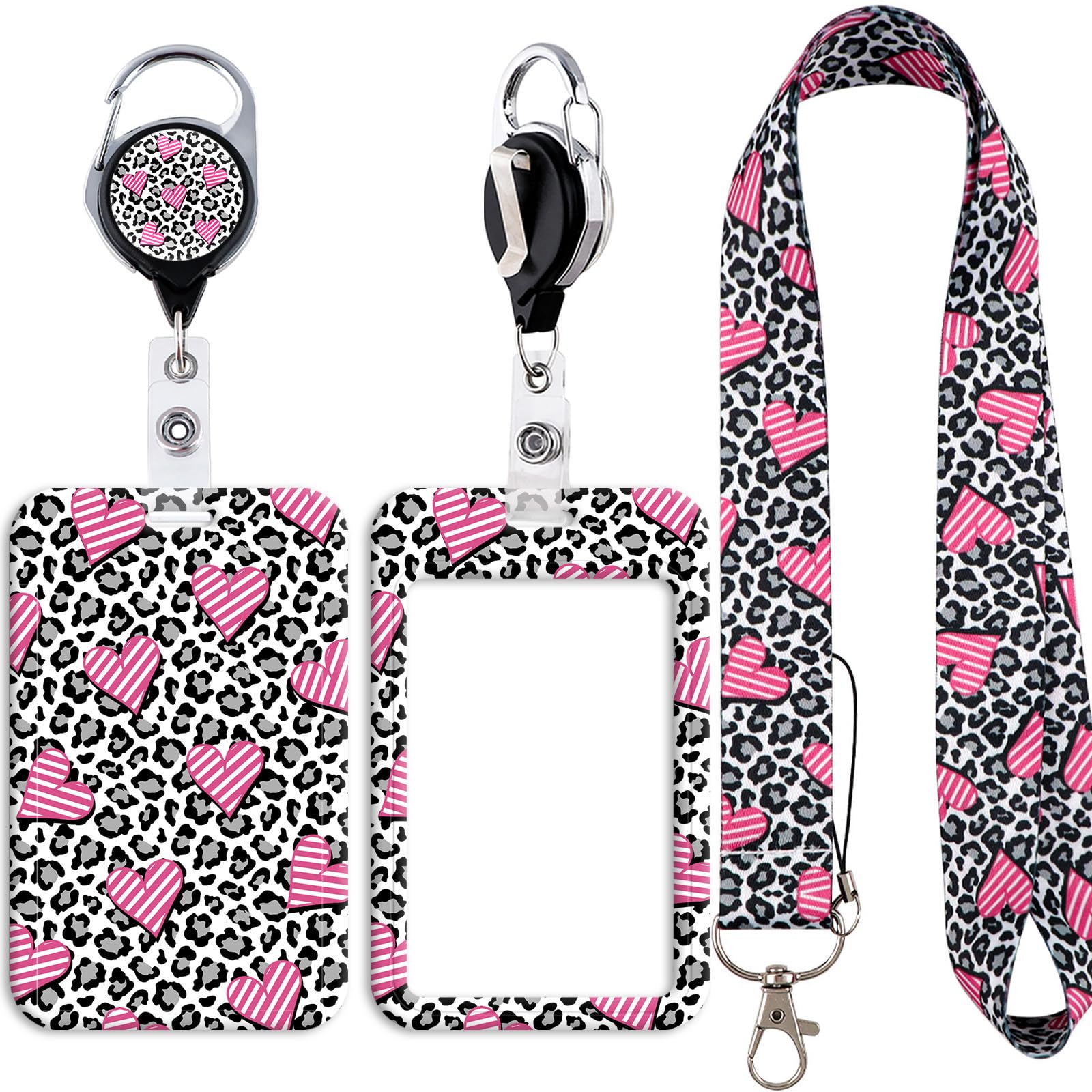 Unique Lanyard with Card Holder Leopard with Pink Heart Vertical ID Badge Holder Card Sleeve with Retractable Reel Clip for Nurse Teacher Office Staff Work Cruising