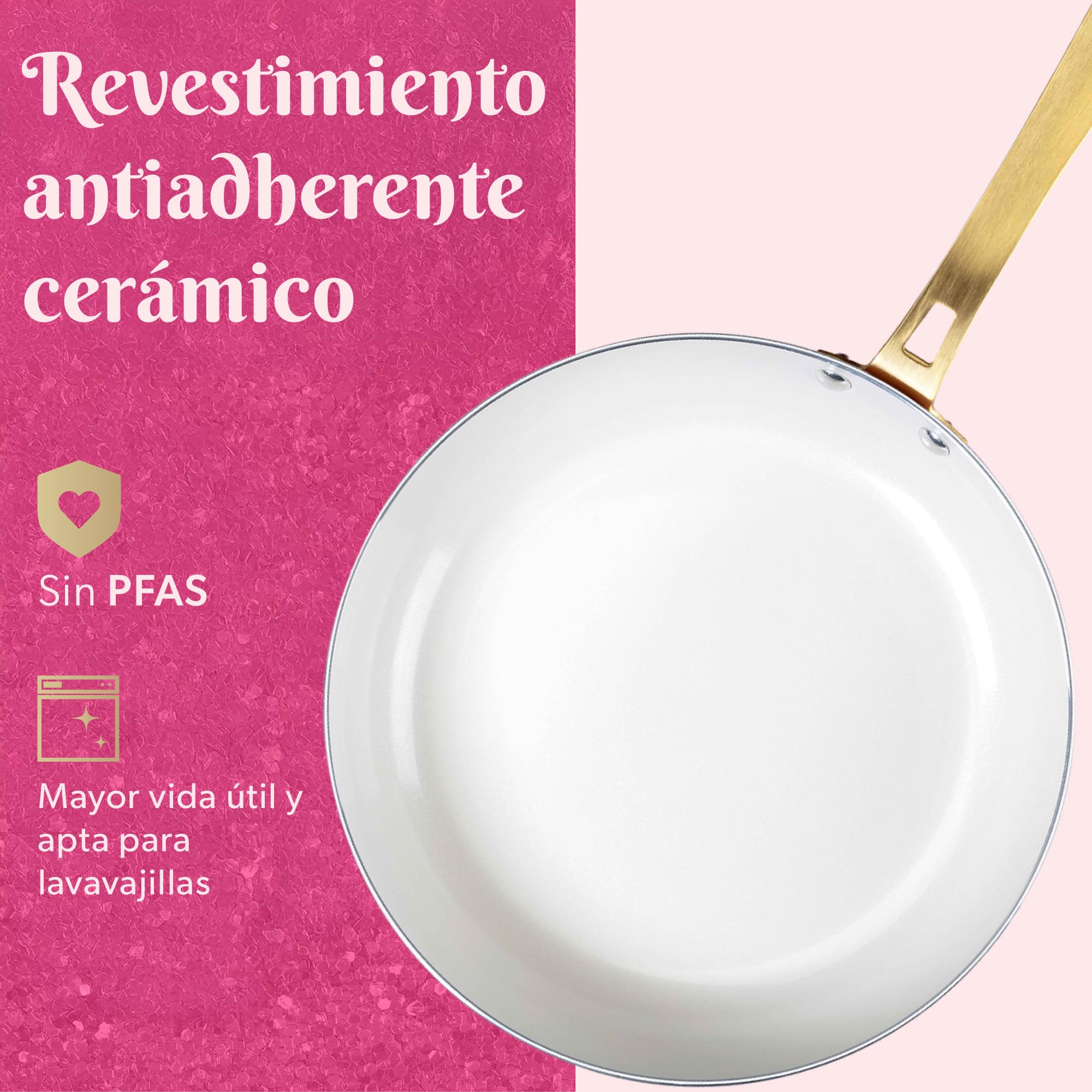 Fackelmann Paris Hilton – Sartén de aluminio con revestimiento cerámico antiadherente, diámetro 25 x 45 cm, para todo tipo de fuegos, incluida inducción, apta para lavavajillas, mango dorado, rosa,