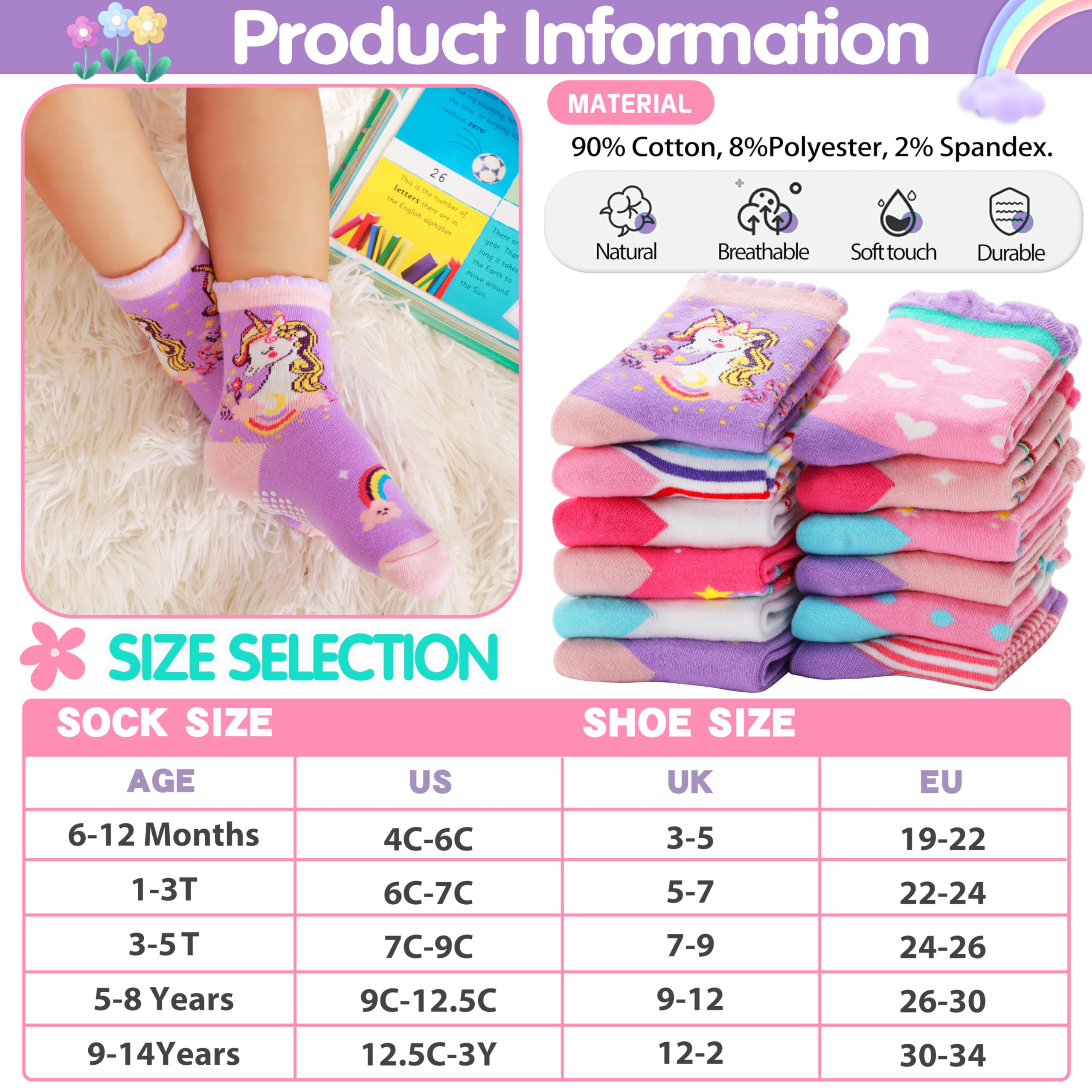 Welwoos 12 Paia Calzini antiscivolo bambina in cotone calze bambine ragazze da 1-8 Anni, Modello divertente