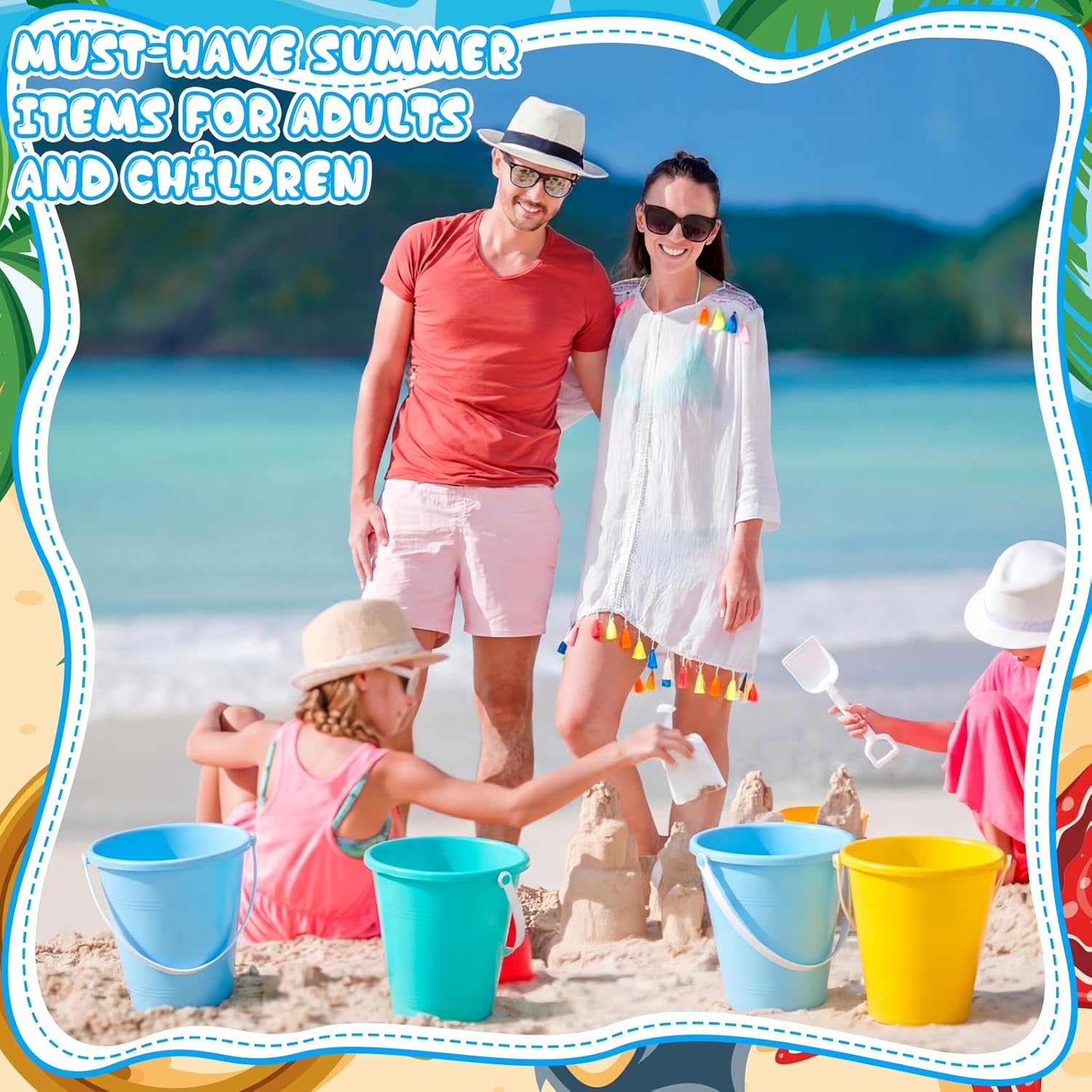 12 Sets Sand Buckets and Shovels for Kids Bulk, Plastic Sand Buckets Party Favors, Summer Pails Toys for Girls and Boys (7.5 Inch)