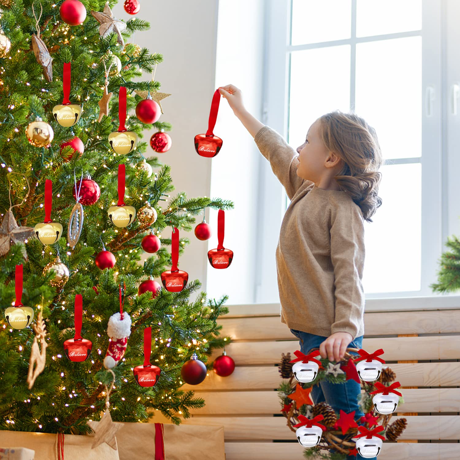 32 pezzi 3,6 pollici Believe Bells, campanelle per albero di Natale, campane Polar Express per fai da te, vacanze, artigianato, casa, decorazioni per matrimoni (oro+argento)