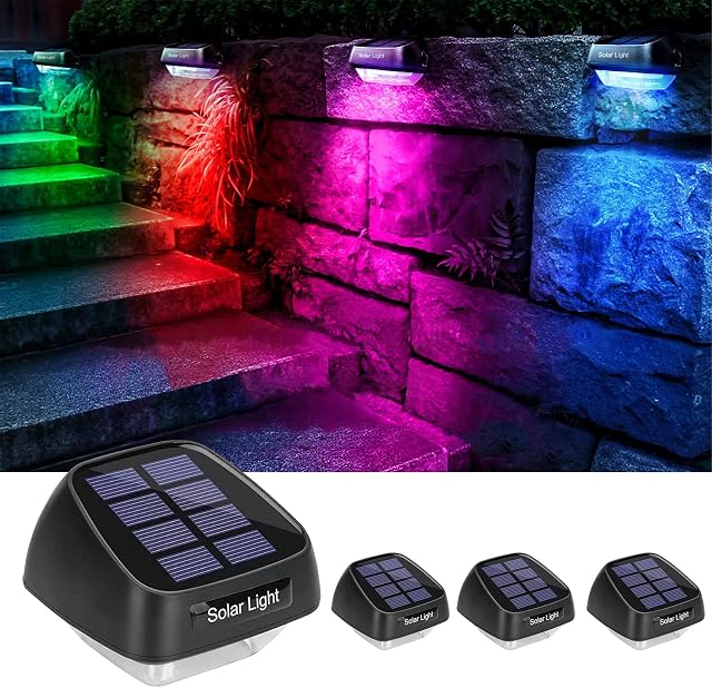 BUCASA Outdoor Solar Lights, 4 Pack Solar Garden Fence Lights with 7-Colour Changing LEDs, 3 Modes Waterproof Garden Ornaments Outdoor for Fence Stairs Step Terraces Deck Yard Patio
