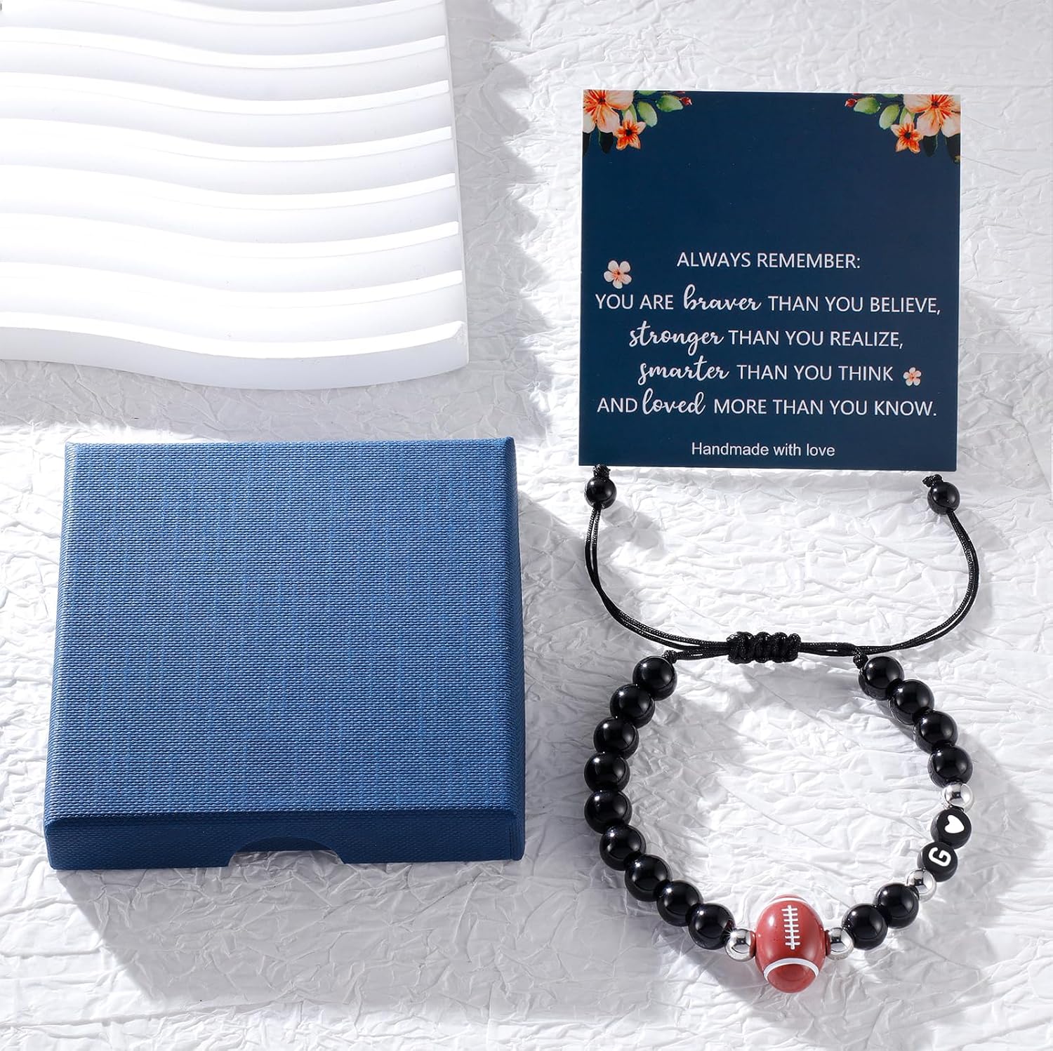 Haoze Football Soccer Initial Bracelet Black Beaded Bracelets Football Soccer Jewelry Sports Bracelet Gifts for Teen Football Lovers Football Soccer Accessories Birthday Gifts for Men Women - Image 5