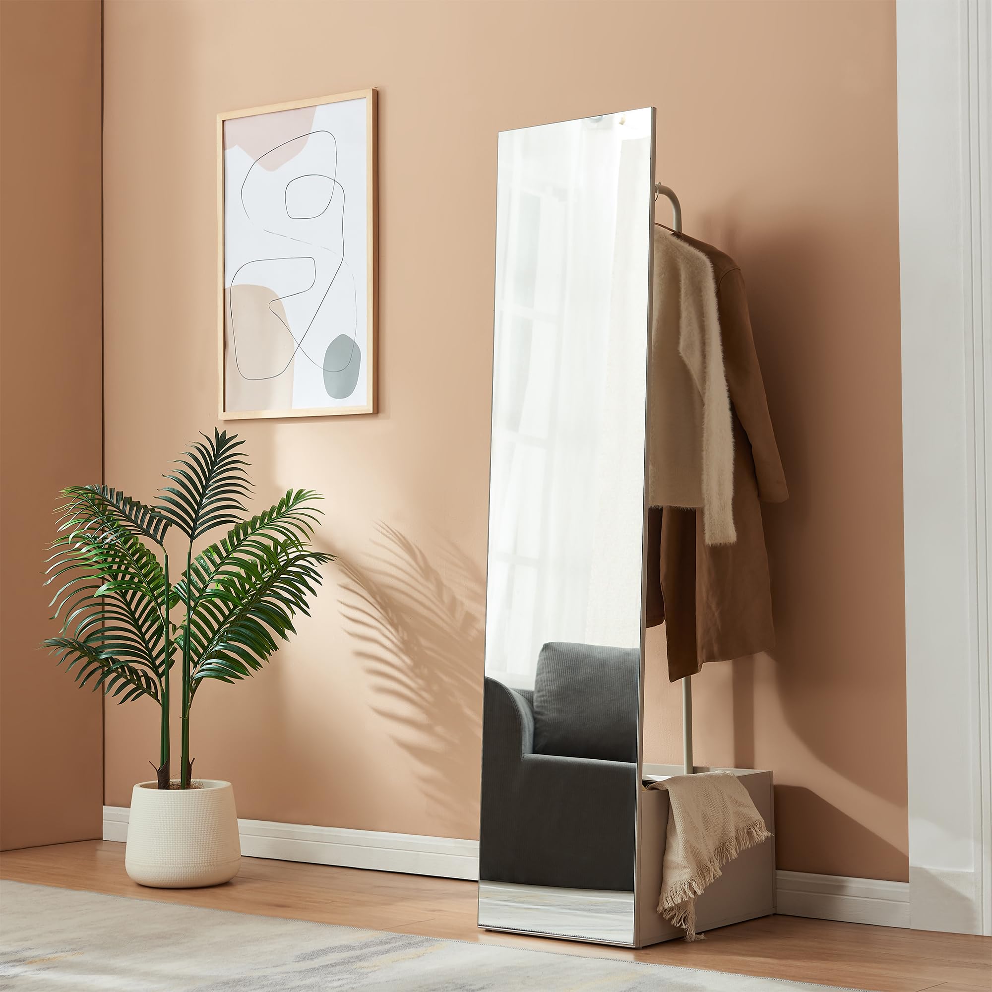 [en.casa] Specchio a Figura Intera con Stand Barra Appendiabiti Specchio Rettangolare da Terra e Vano Porta Oggetti Vestiti per Ingresso Camera da Letto Guardaroba 165x40x51 cm - Avena Oatmeal