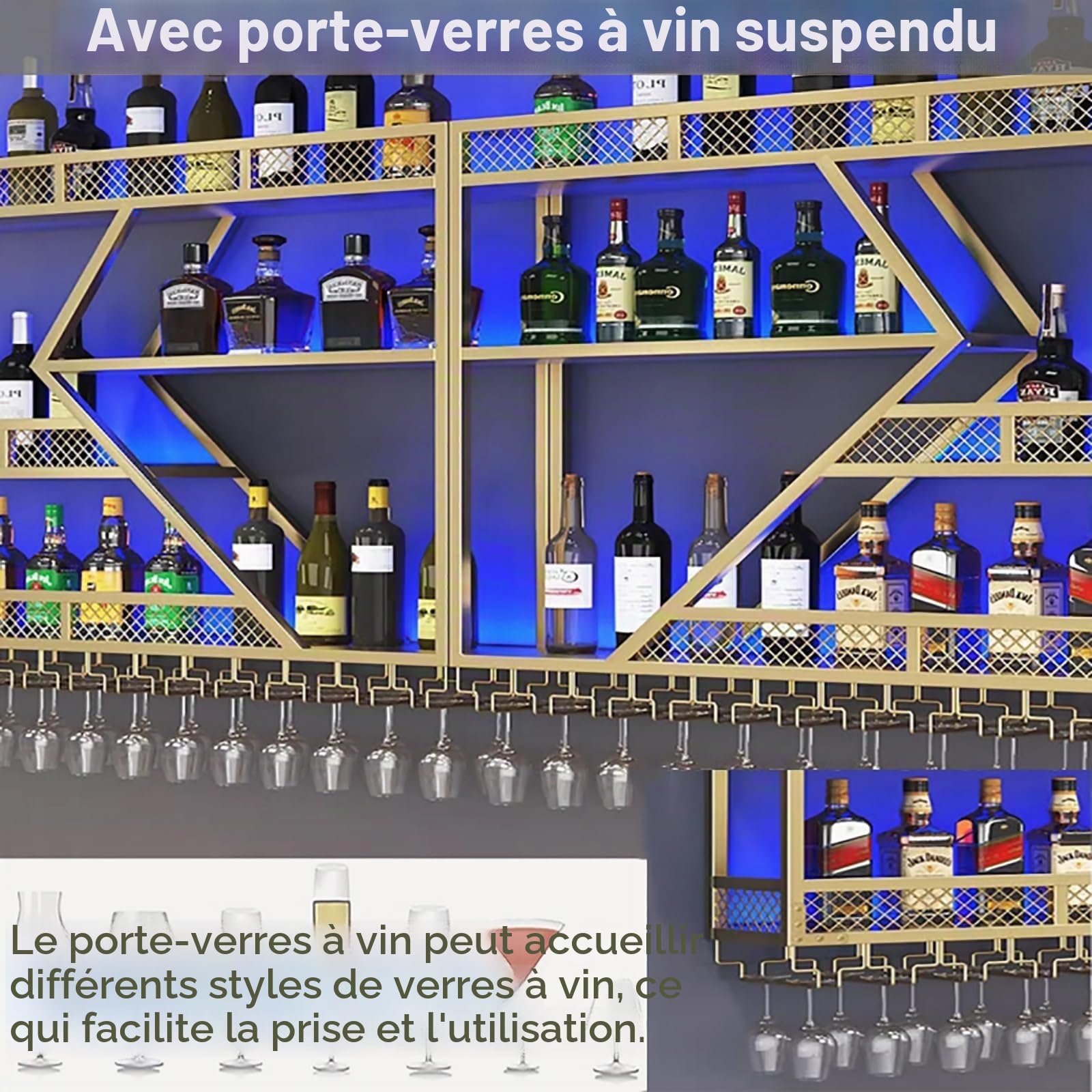 Bar Mural avec Lumière LED, Casier Bouteille et vin, Support Bouteille pour Cuisine ou Cave À Vin