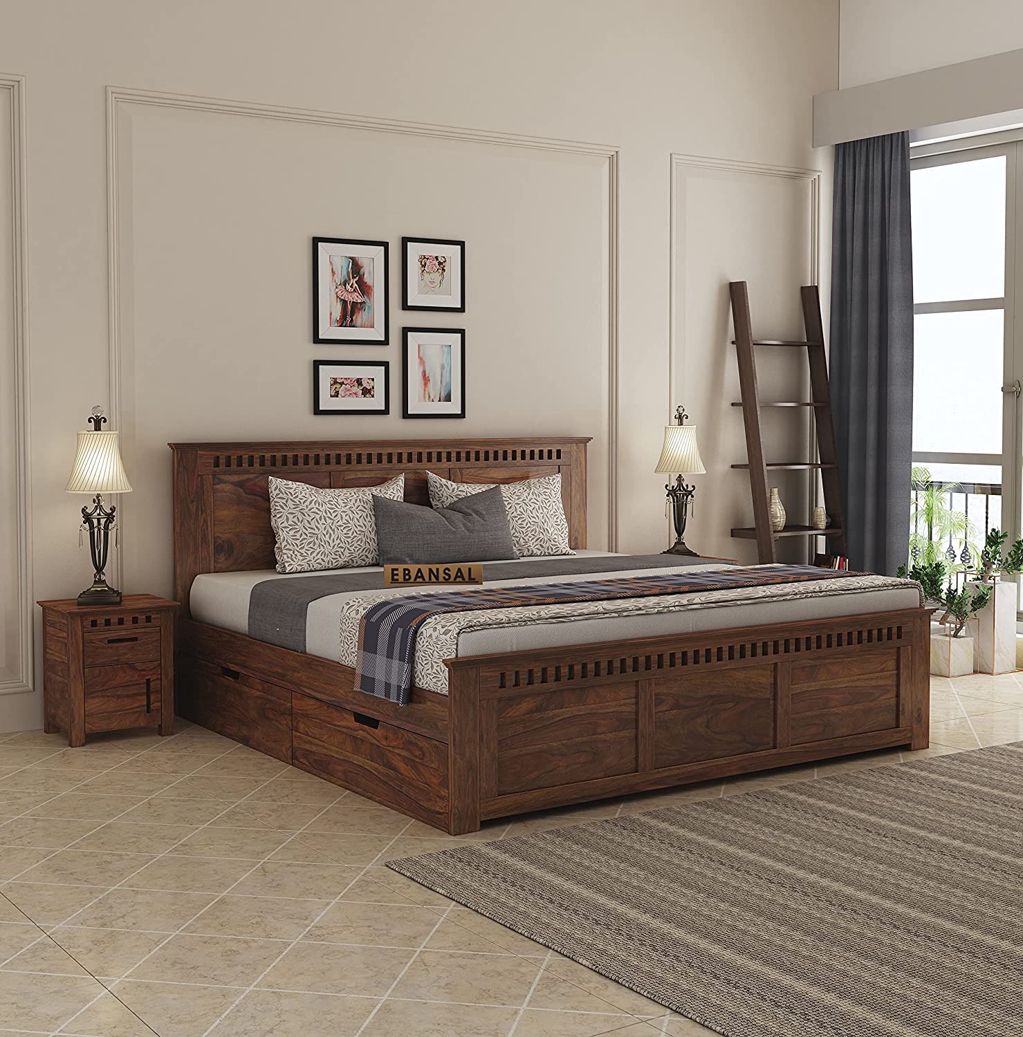 EBANSAL Solid Sheesham Wood Kuber Queen Size Bed with 4 Drawer Storage Wooden Double Bed Furniture Palang for Bedroom Living Room Home (Teak Finish)