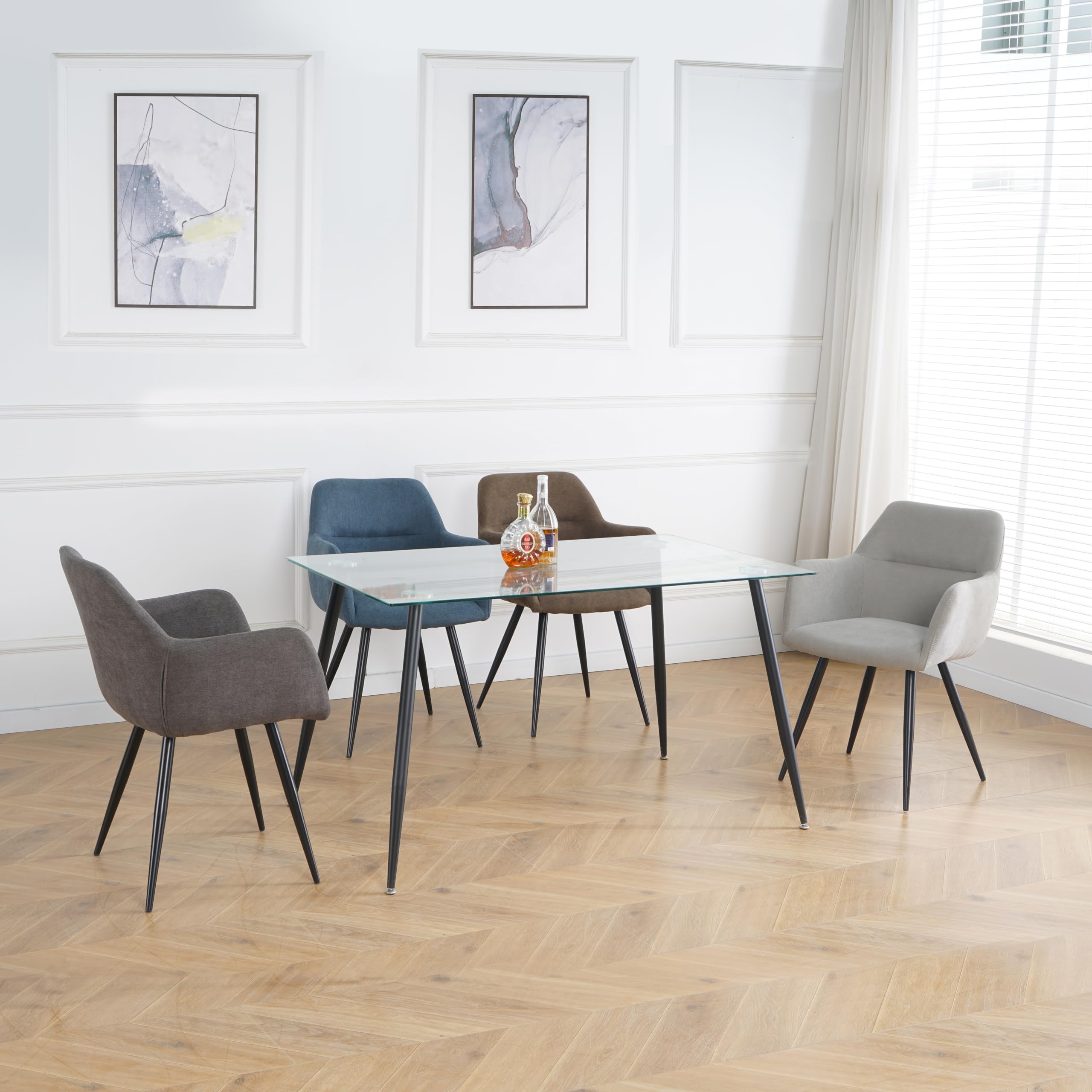 Pack de 2 Sillas de Comedor en Lino Gris Claro – Sillas Ergonómicas, Confortables y Acolchadas con Reposabrazos – Respaldo Curvado y Patas de Metal Negro – Diseño Elegante para Cocina, Salón y Comedor