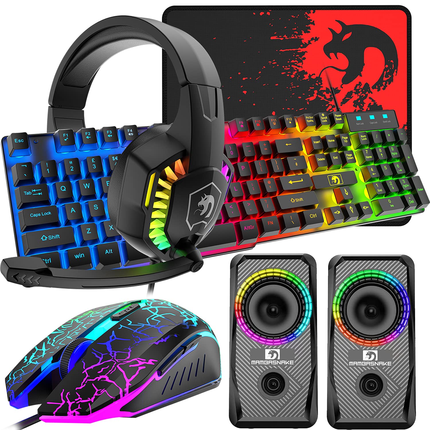 Diseño del Reino Unido Cableado 104 Teclas Teclado para Juegos Ratón Auriculares Altavoz Combo 5 en 1 con retroiluminación RGB múltiple Ratones de 2400 PPP Alfombrilla de ratón Grande para