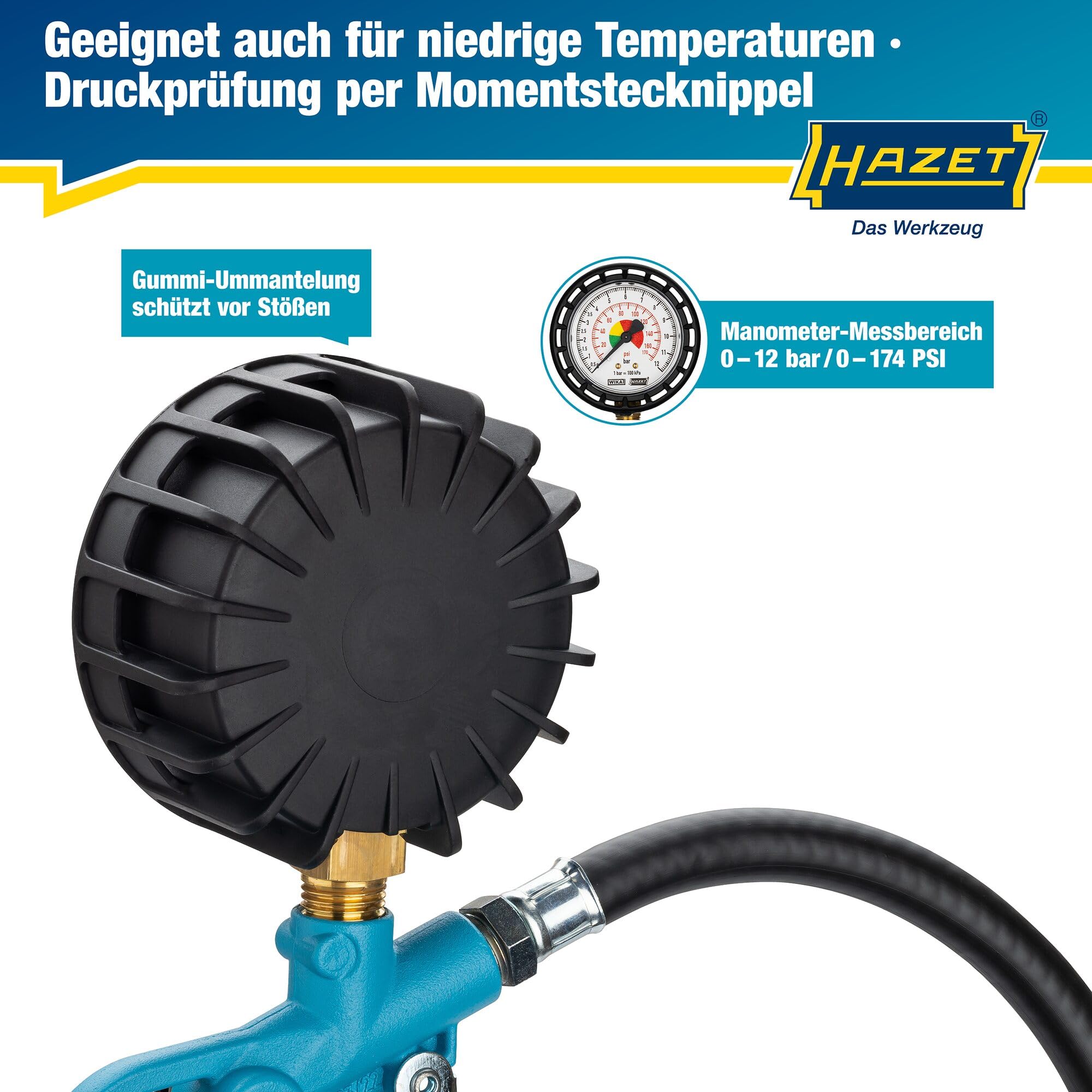 HAZET Reifenfüll-Messgerät 9041-1 I Manometer-Messbereich: 0-12 bar, Schlauchlänge: 400 mm, Manometer-Durchmesser: 63 mm I Reifendruck-Prüfer für Auto, Motorrad, Lkw uvm.