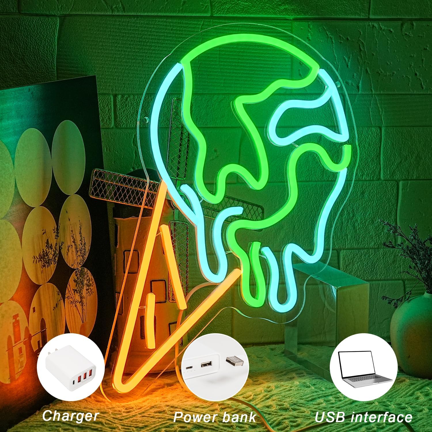 Earth Neon Sign Earth Ice Cream LED Neon Signs Dimmable Dessert Ice Cream Neon Light for Kids Bedroom Business Store Office Party Wall Decor