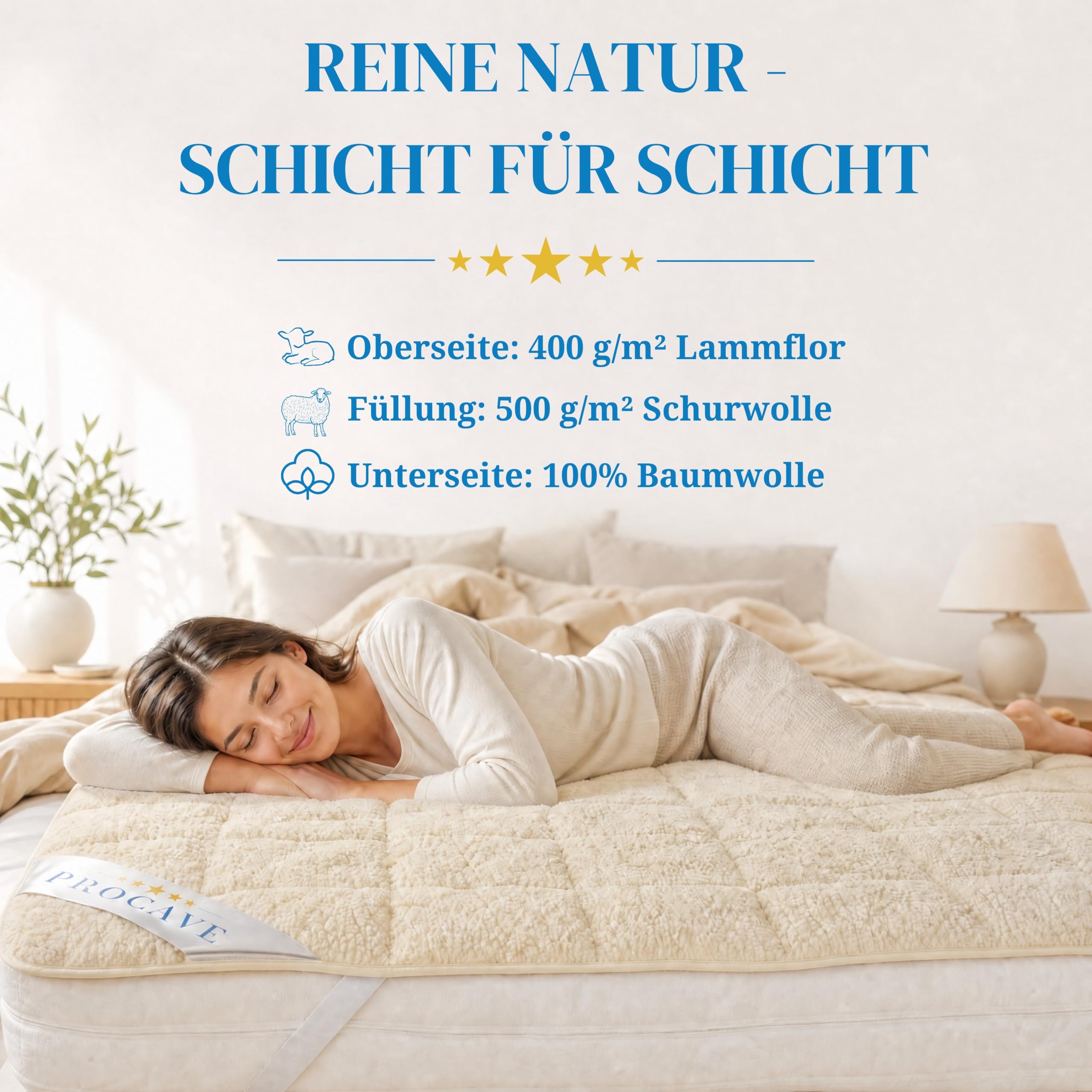 PROCAVE weiches Unterbett mit Lammflor und Schurwolle. hochwertige Matratzen-Topper. Matratzen-Schoner mit 4 Eckgummis. Matratzen-Auflage 90x200 cm