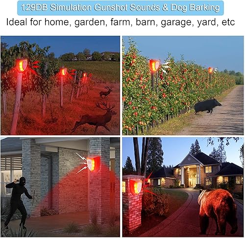 Miniatura 7 de Paquete de 2 luces solares de alarma de seguridad, sonidos de disparo de 129 dB y sonido de ladridos de perro y luz estroboscópica lámpara de