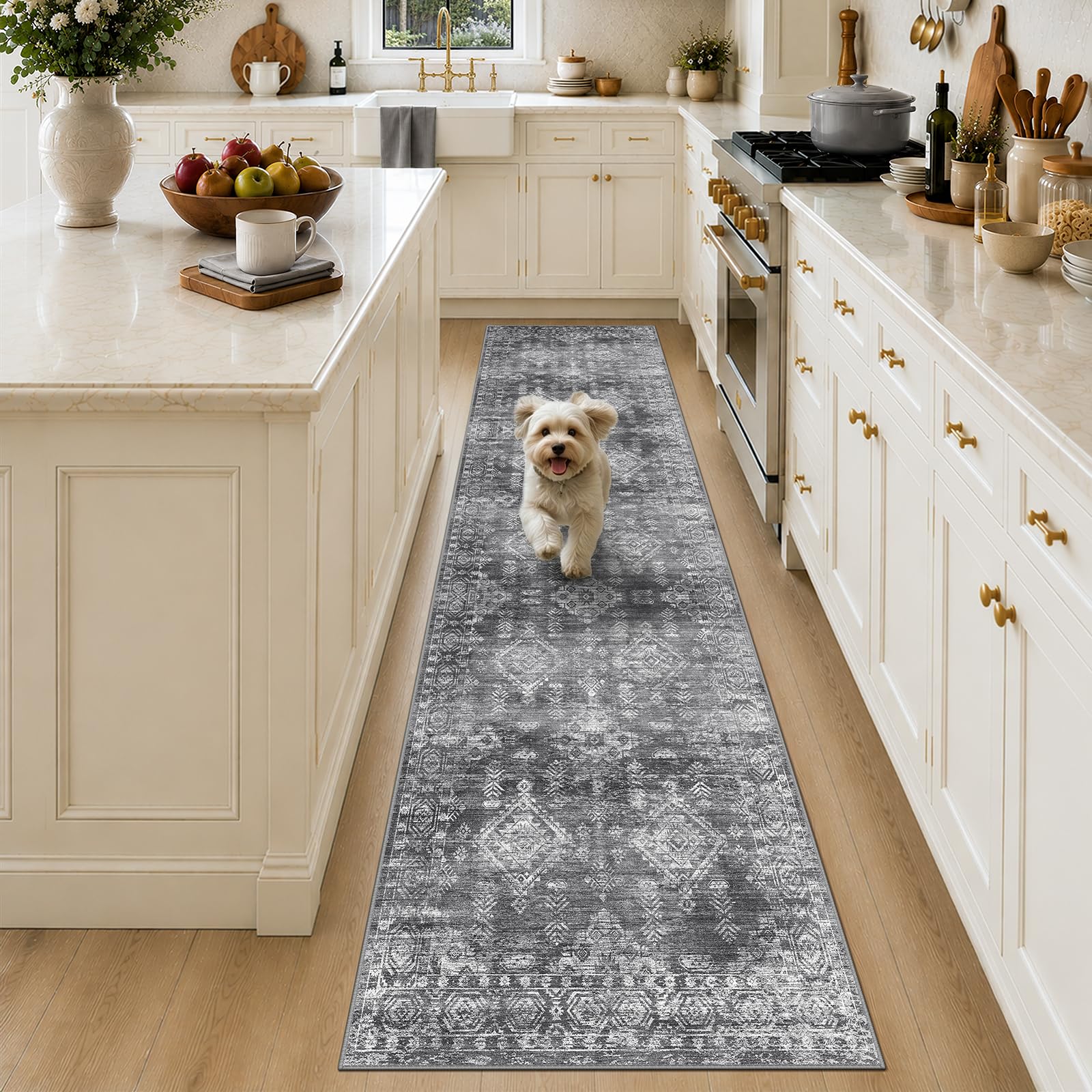 Waschbarer Teppich Läufer 60 x 240 cm, Läufer Flur rutschfest, Grau