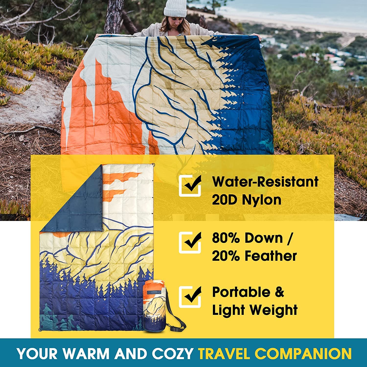 4Monster Daunendecke, leicht, kompakt, Outdoor-Campingdecke, super warm, wasserdicht, verstaubare Decke für Reisen, Picknicks, Camping, Wandern (PrintB, M: 137 x 203 cm)