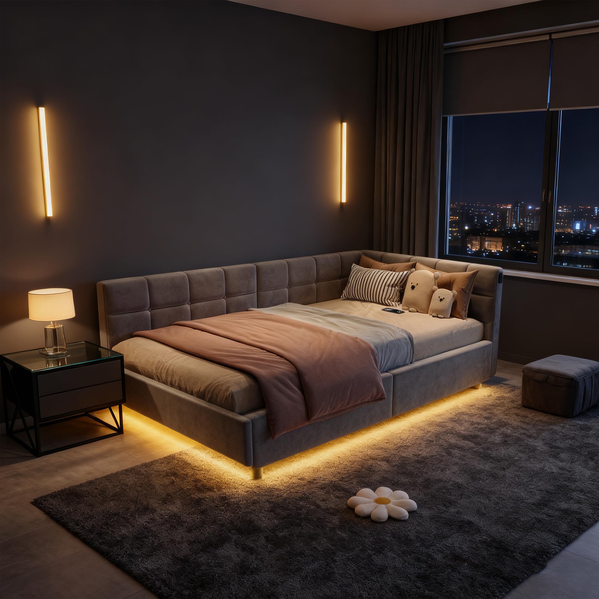 Łóżko dziecięce 90 x 200 z oświetleniem LED i gniazdem USB, hydrauliczne miejsce do przechowywania, sofa 90 x 200 z wymiennymi ścianami bocznymi, łóżko tapicerowane z platformą, aksamit