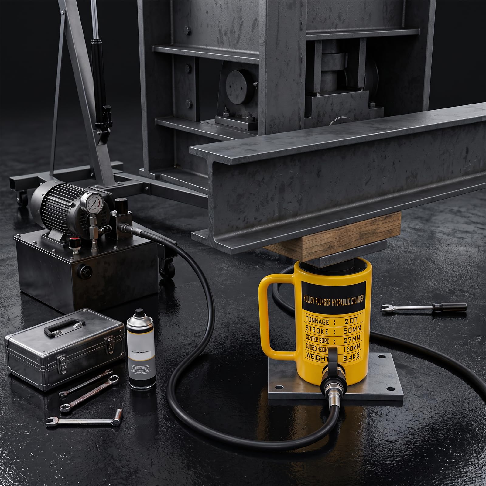 Cilindro hidráulico 20T, elevador de pistón hueco de 60 mm, carrera para elevación, tracción y empuje | Rebobinador de pistón automático portátil ZG3/8 para bomba de mano CP-700