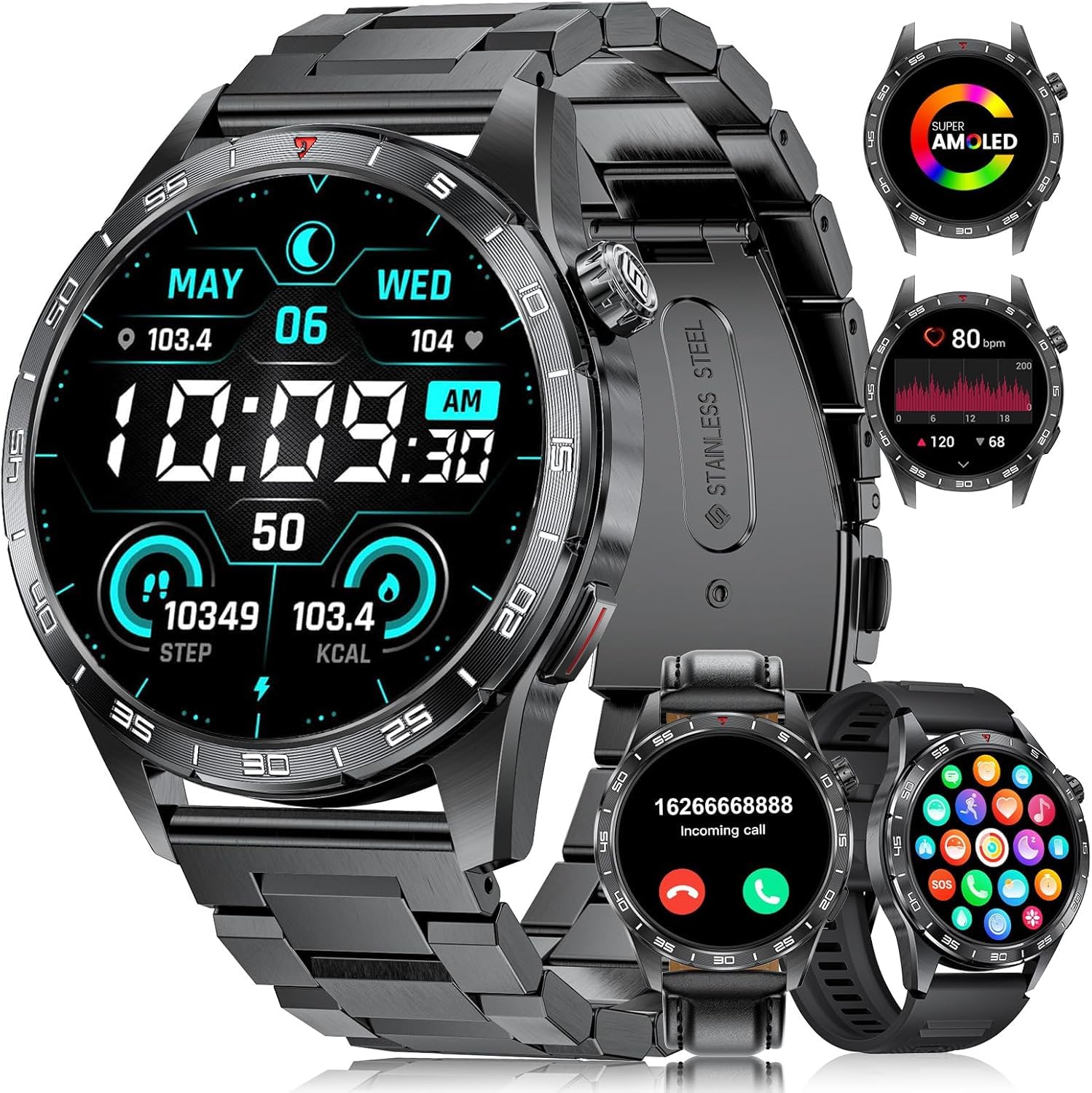 FOXBOX 2024 Smartwatch Uomo con 3 Cinturini 1.43"AMOLED Orologio Smartwatch con Chiamate Bluetooth, 400mAh 110+ Modalità Sportive,IP68 Impermeabile Sonno/Cardiofrequenzimetro per Android iOS,Nero