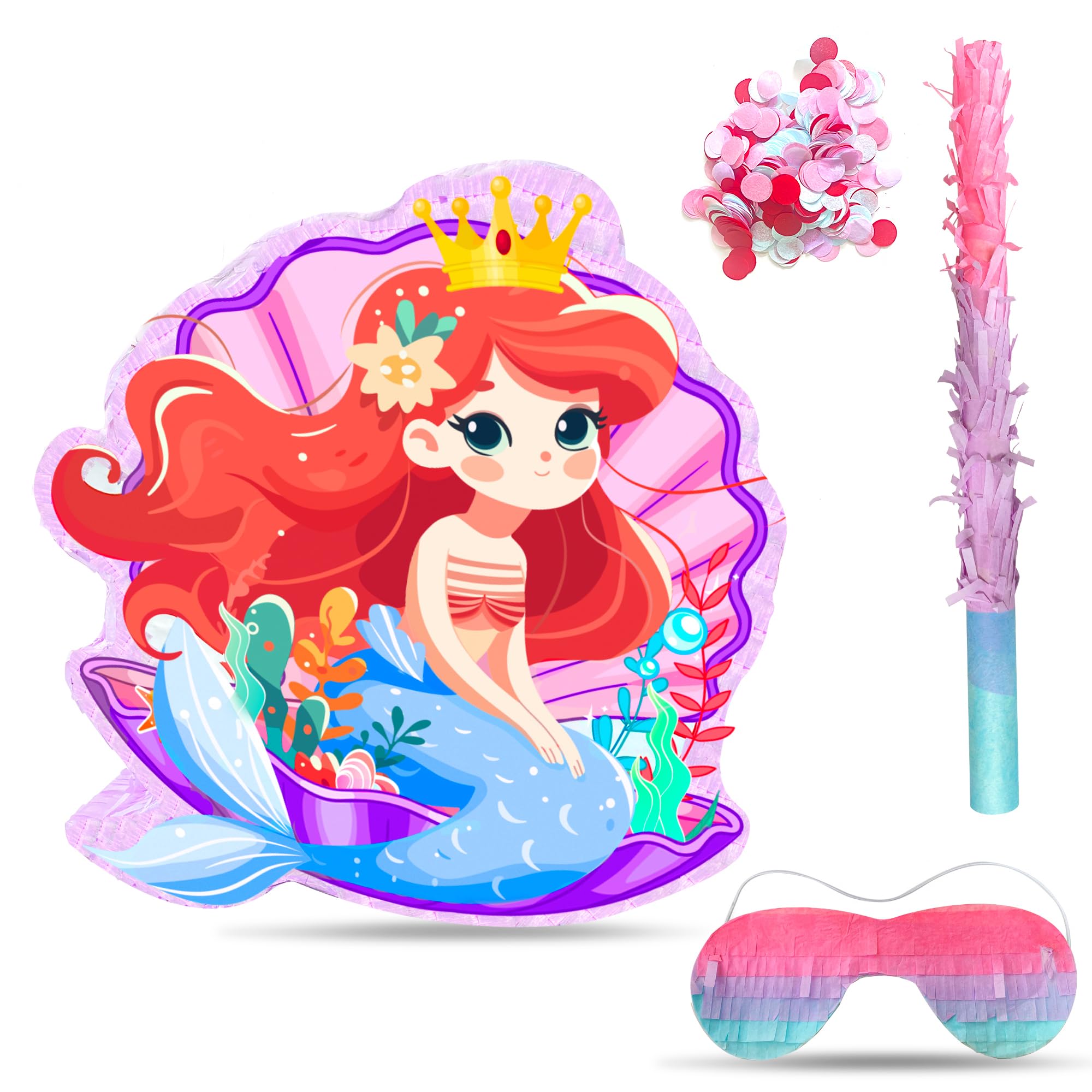Mermaid Party Pinata Bundle, 4 in 1 Little Fish Piñata with Stick Blindfold Confetti etc for Mermaid Birthday Party Decorations Carnival Activity