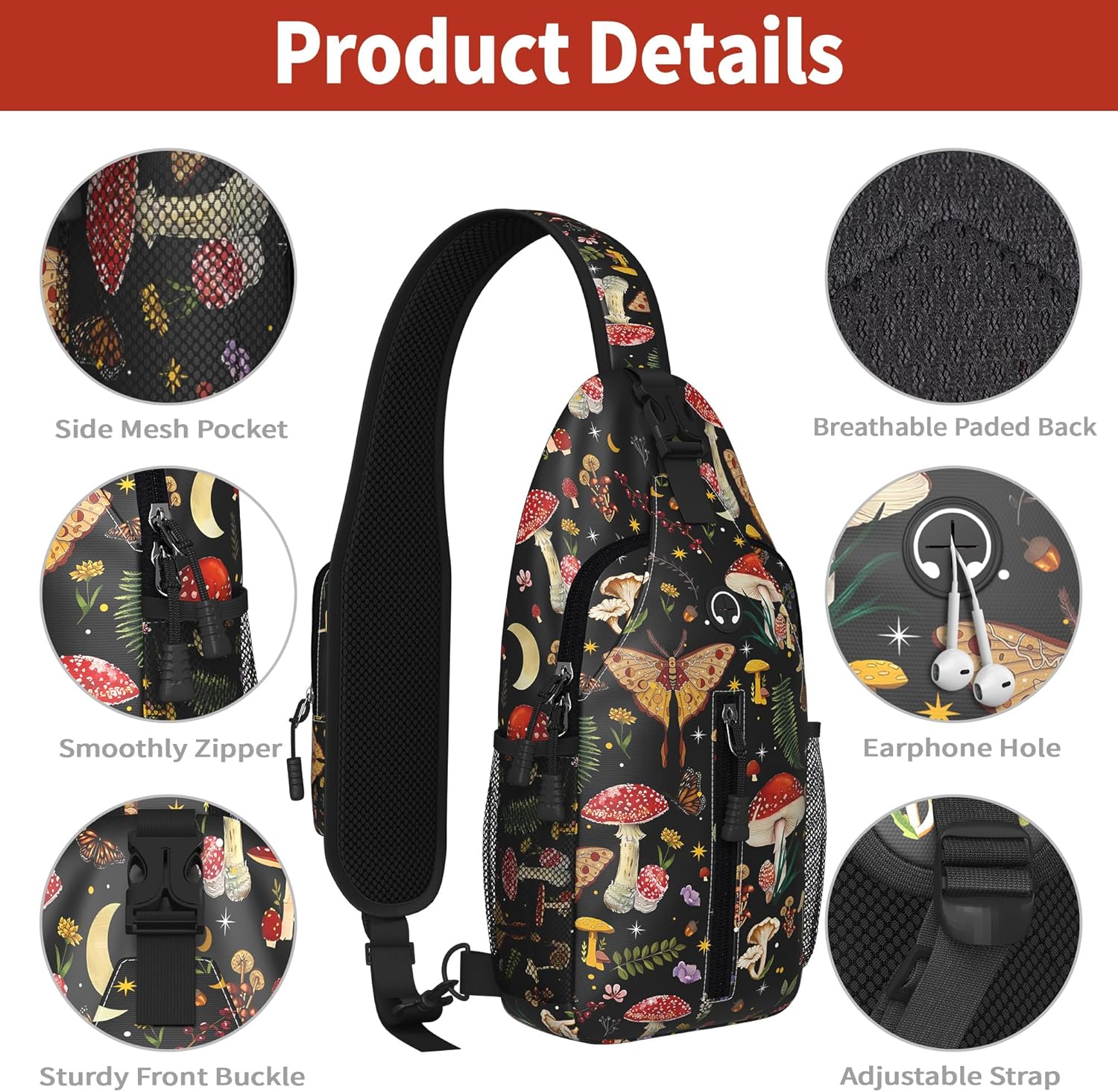 Mushroom Sling Bag For Women Men Small Crossbody Bags Mini Water Resistant Casual Chest Bag Backpack Shoulder Daypack For Travel Hiking - Image 4