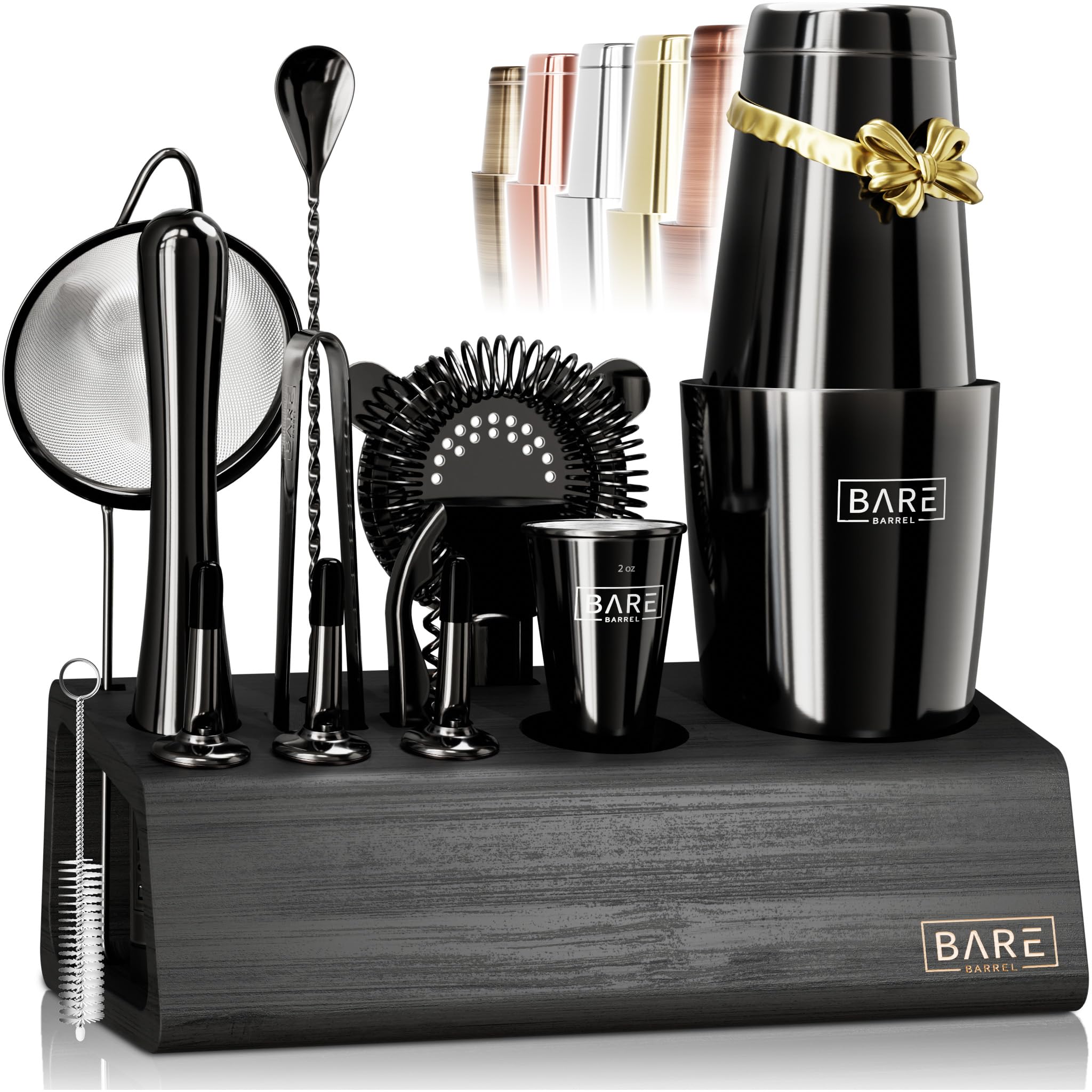 Pro Mixology Bartender Set Bar Kit | 14-Piece Boston Cocktail Shaker Set | Professional Barware Mixing Tools for Home Bartending | Bamboo Stand & Recipe Cards | Gift Set for Him & Her (-Black)