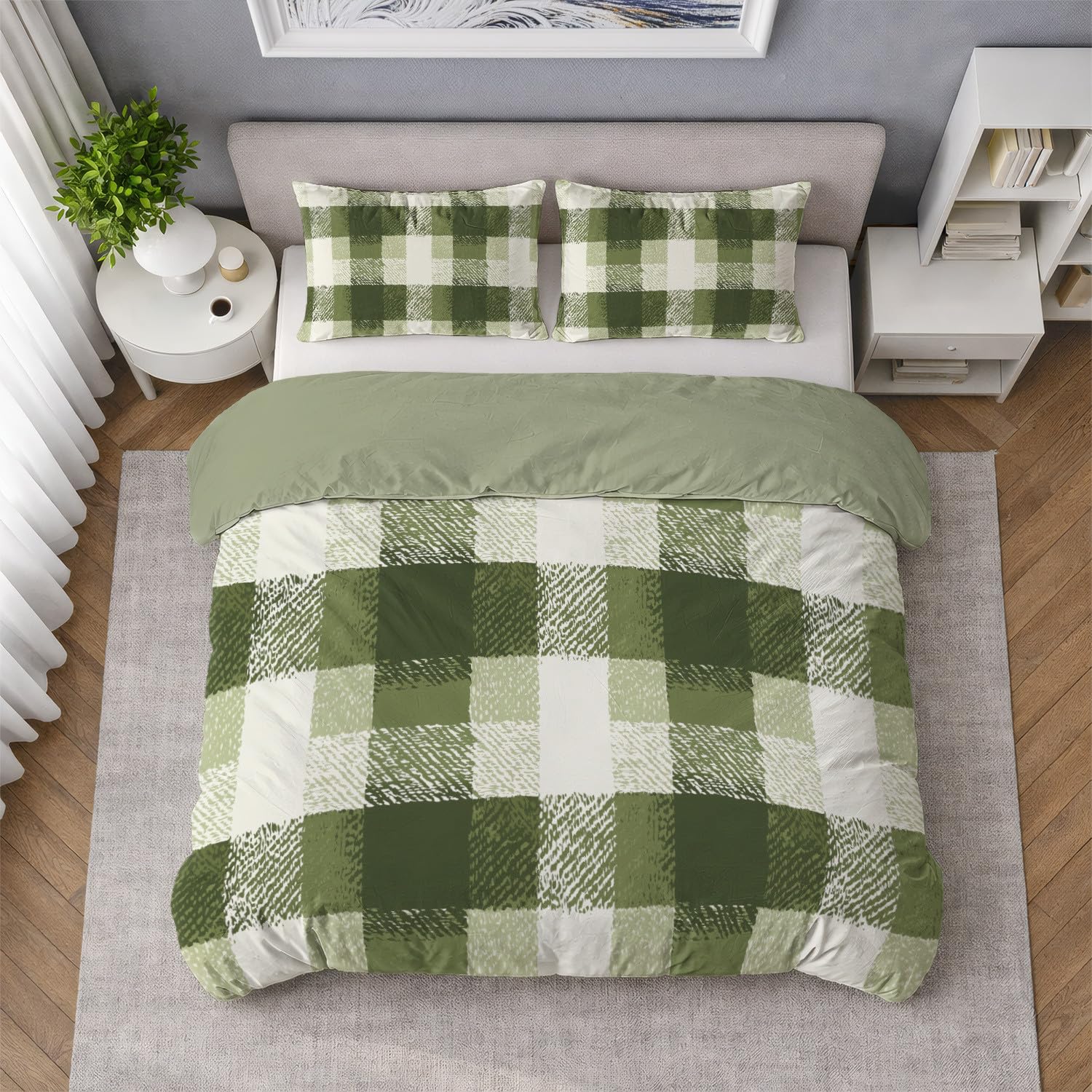 Generico Zestaw poszewek na kołdrę 150 x 200 cm klasyczny, oliwkowy zielony pojedynczy koc z poszewką na poduszkę, miękka narzuta w kratę/kratkę świeży las wszechstronny trwały zmywalny