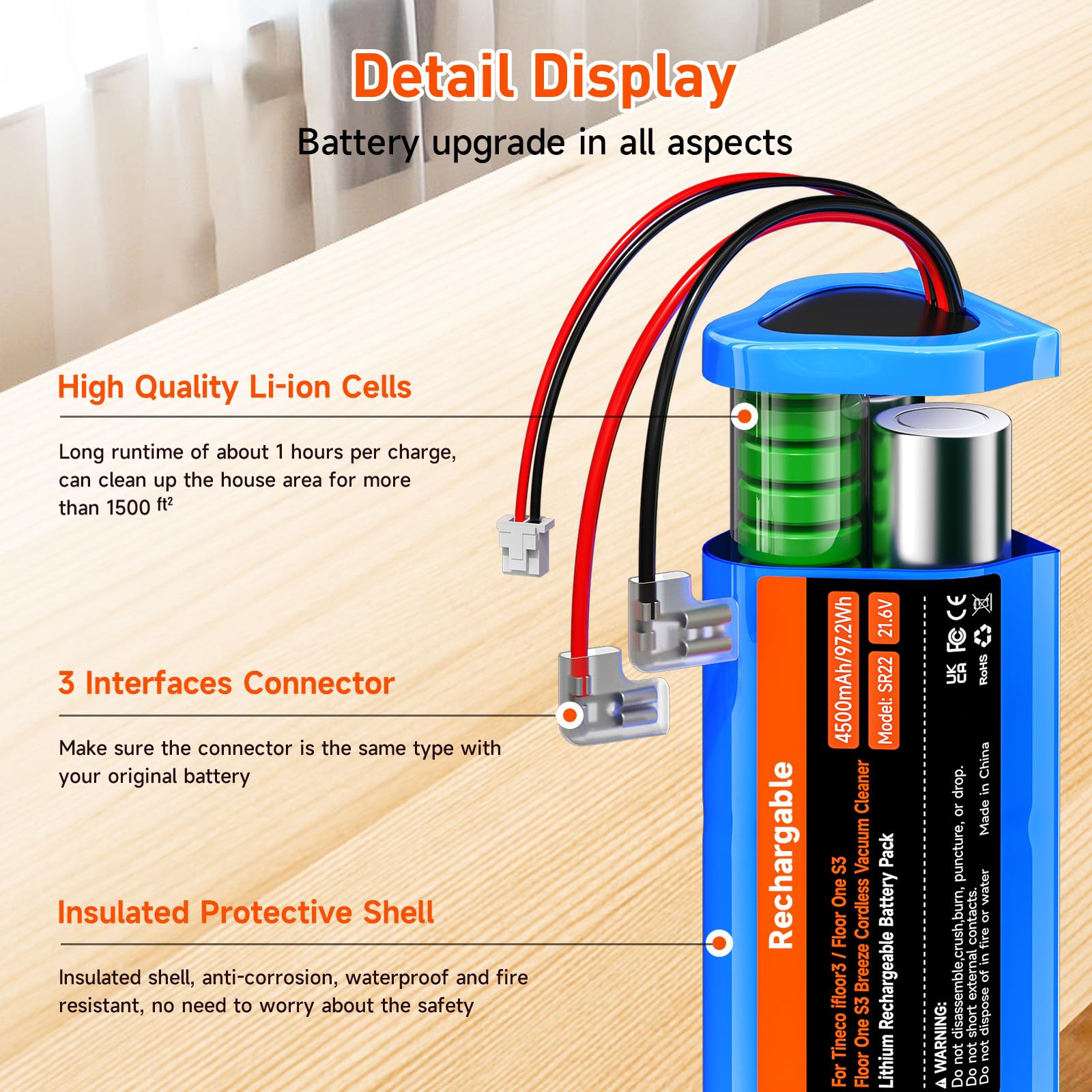 4500mAh/21.6V Batteria di Ricambio per Tineco Floor One S3, Floor One S3 Breeze, per Tineco S2, Tineco Floor One S2 Aspirapolvere Batteria a lunga durata (1 batteria + 1 spazzola + 3M Adesivi)