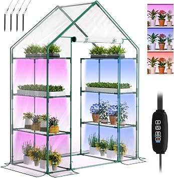 SUNYRISY 4 Tier Dual Indoor Greenhouse with Grow Lights | Mini Small Greenhouse Kit with Zippered PVC Tent Cover for Indoor Garden Seed Starting Tray, 36W Full Spectrum with Timer