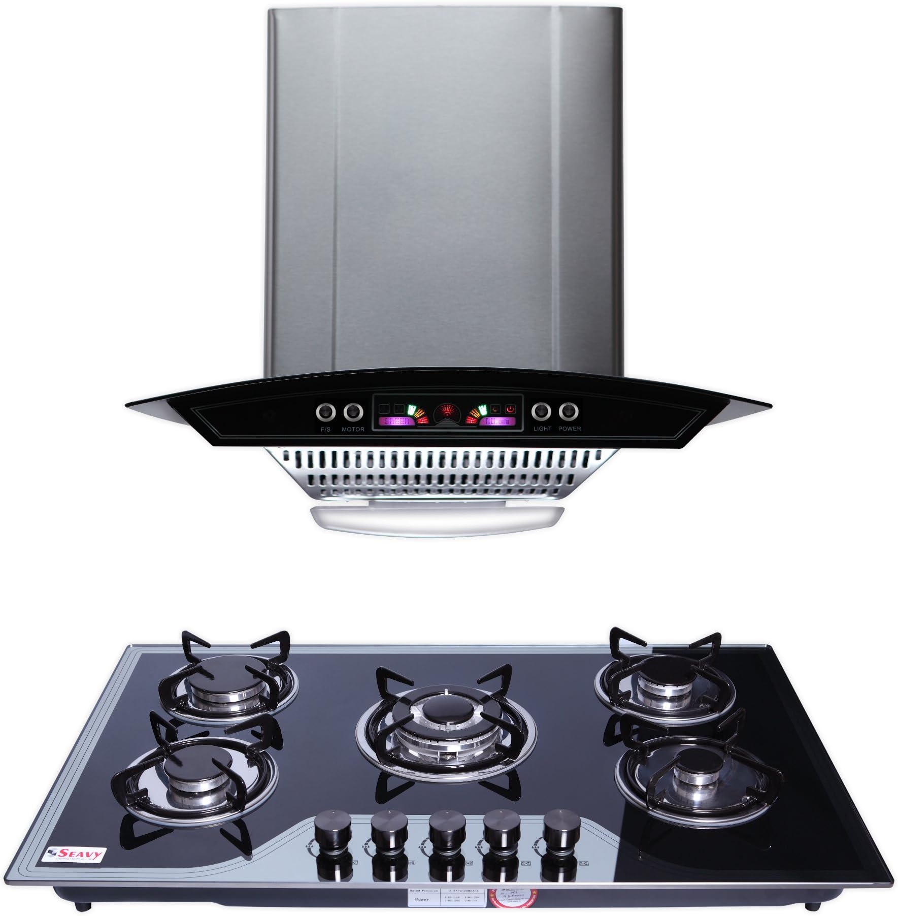 Seavy Kitchen Chimney Combo with Gas Stove, 1100M3/hr Suction Chimney with 5 Burner Hob Gas Stove (Altis 60)