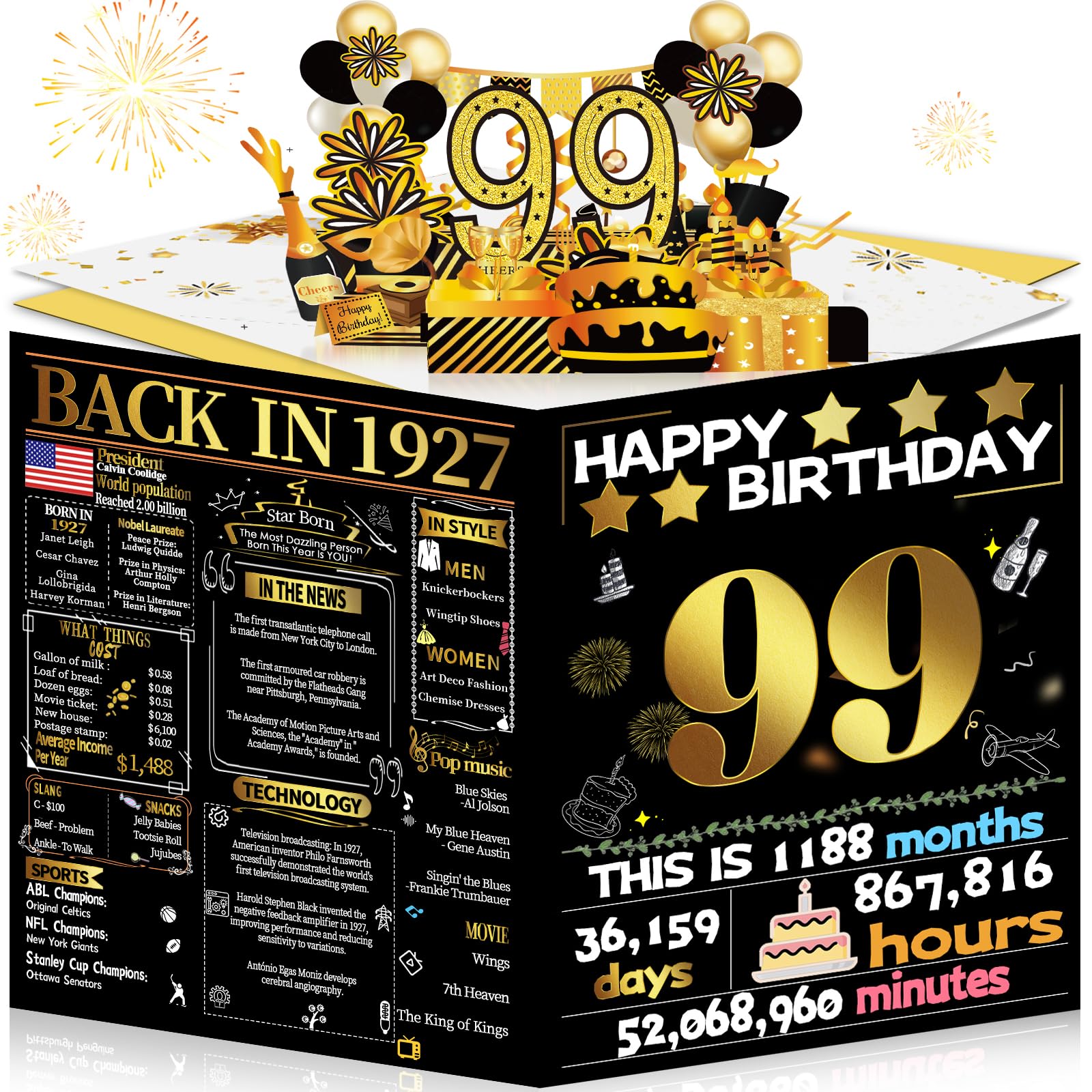 Joycard 99th Birthday Card for Women Men, 3D Pop Up Happy Birthday Gift for Grandpa Grandma, Funny 99 Year Old Birthday Decorations for Mother Dad, Back in 1927 Laser Gold Retro Theme