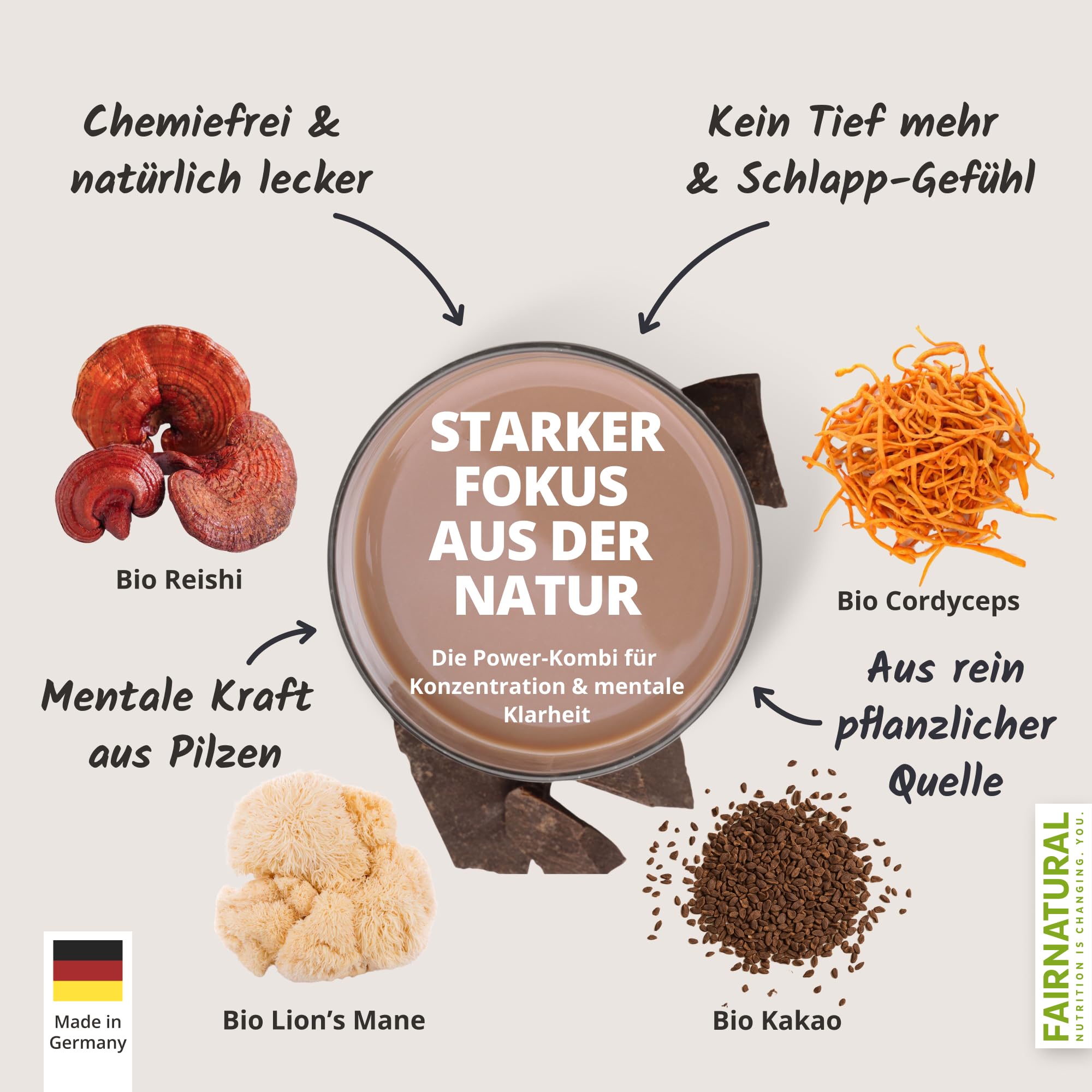 FAIRNATURAL® Pilz Kakaopulver Vegan [SCHOKO] - Mushroom Powder Komplex Hochdosiert - Pilzkaffe - Mushroom Coffee - Vitalpilze Kakao aus Reishi Extrakt, Hericium & Chaga Pilz - 3x20 Portionen (600g)