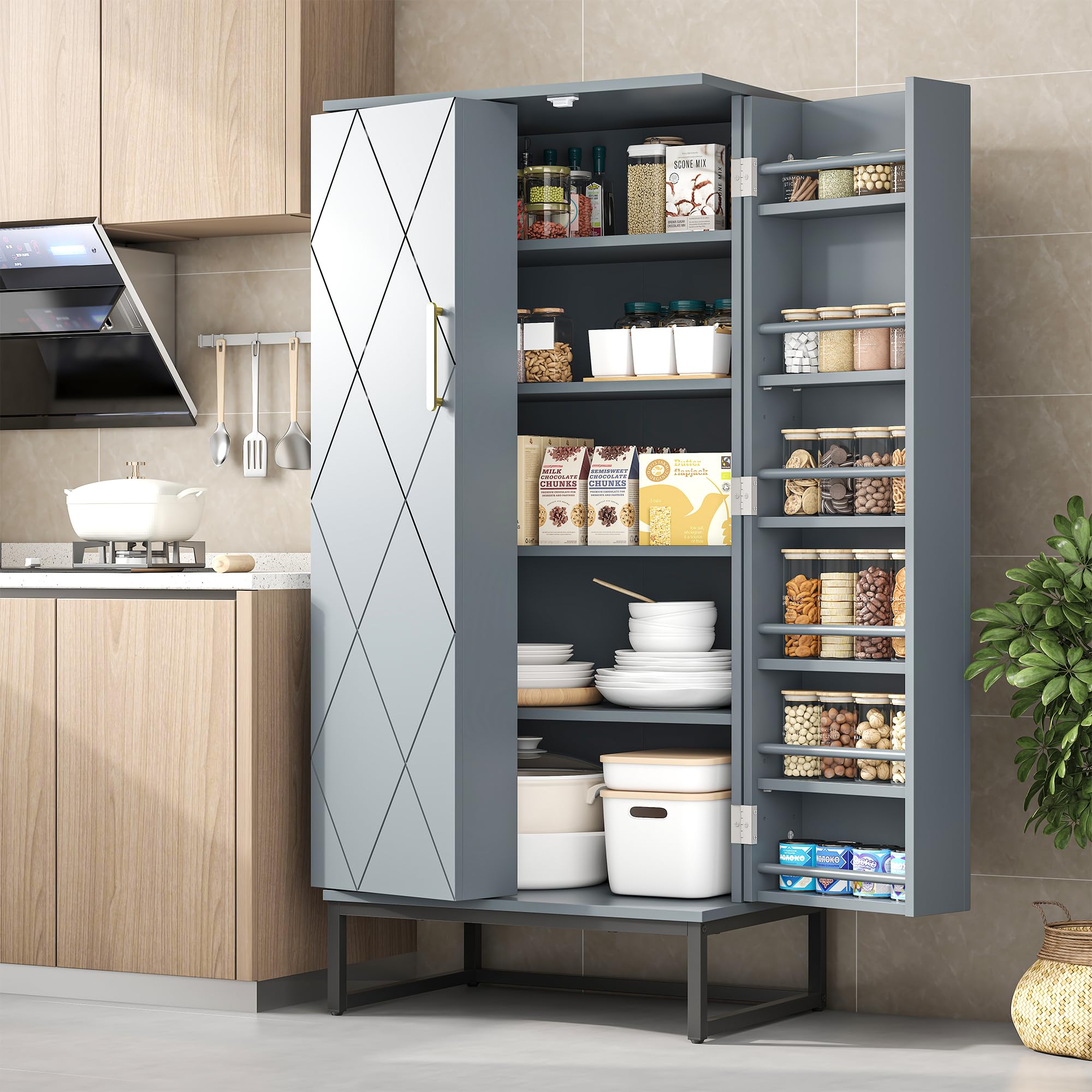 51” Pantry Cabinets, Freestanding Kitchen Pantry Storage Cabinet with Adjustable Shelves, Buffet Cupboards Storage Cabinet for Home Office Use (Grey)