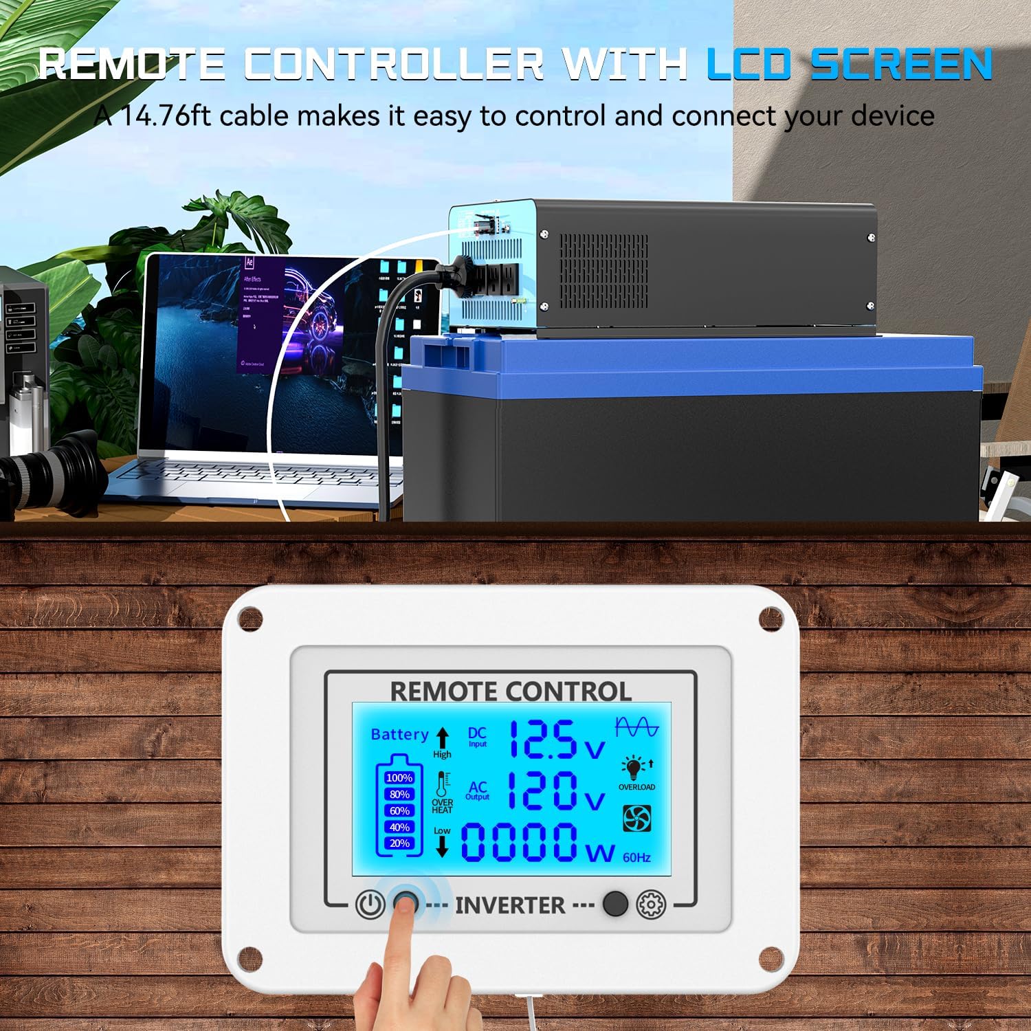 Remote control in use, showing connection to inverter and laptop